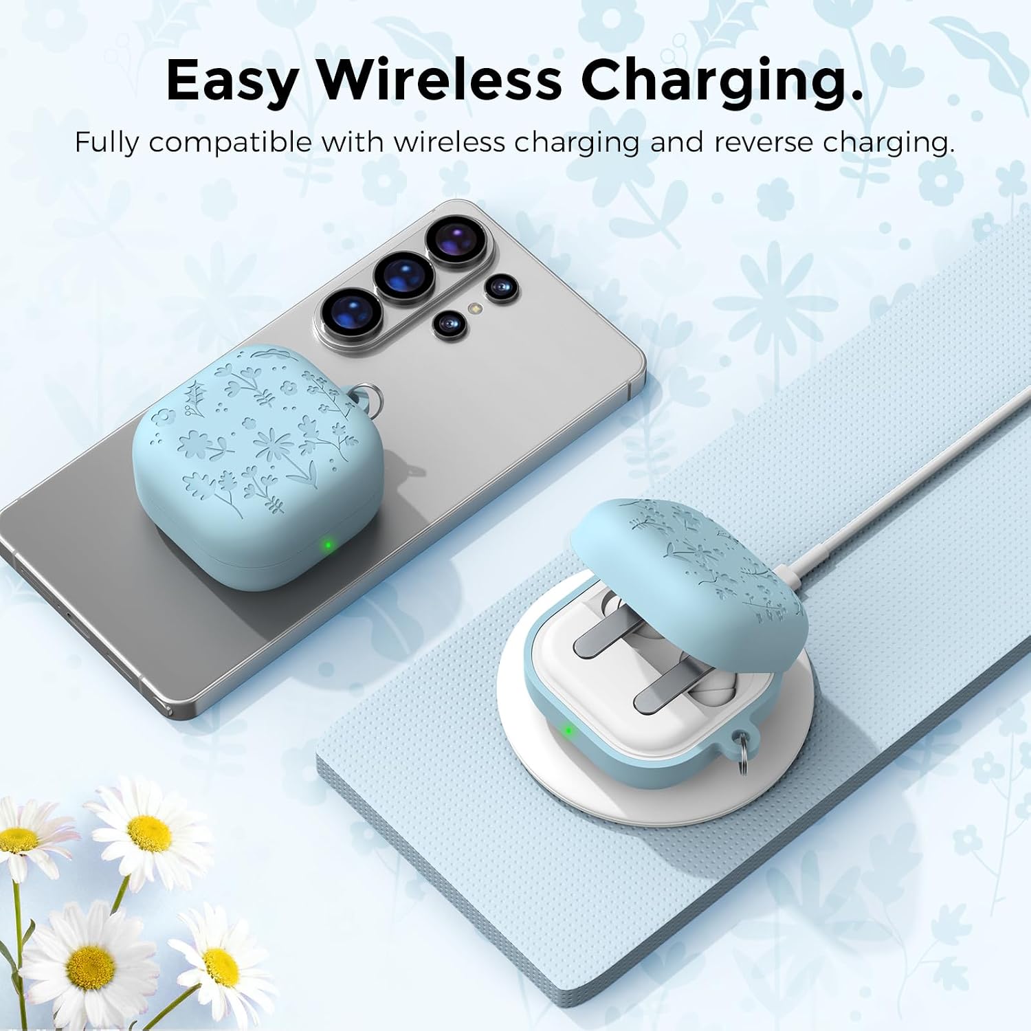 Detalle de AhaStyle Silicone Case for Galaxy Buds4 & Buds4 Pro (2026) – Flower Engraved, Non-Slip, with Carabiner