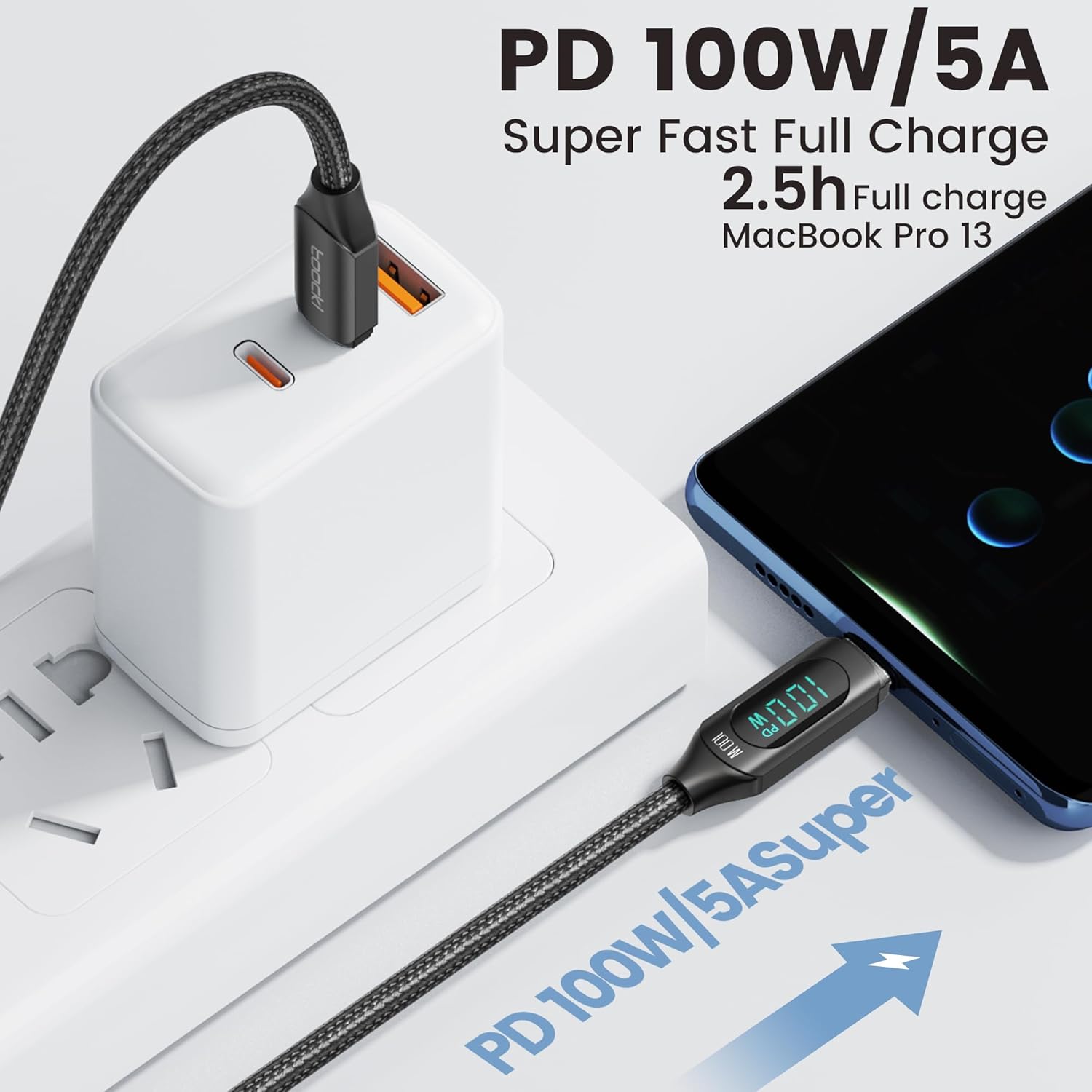 Detalle 2 de toocki Cable USB C a USB C 100 W ⚡ Carga Rápida 2M