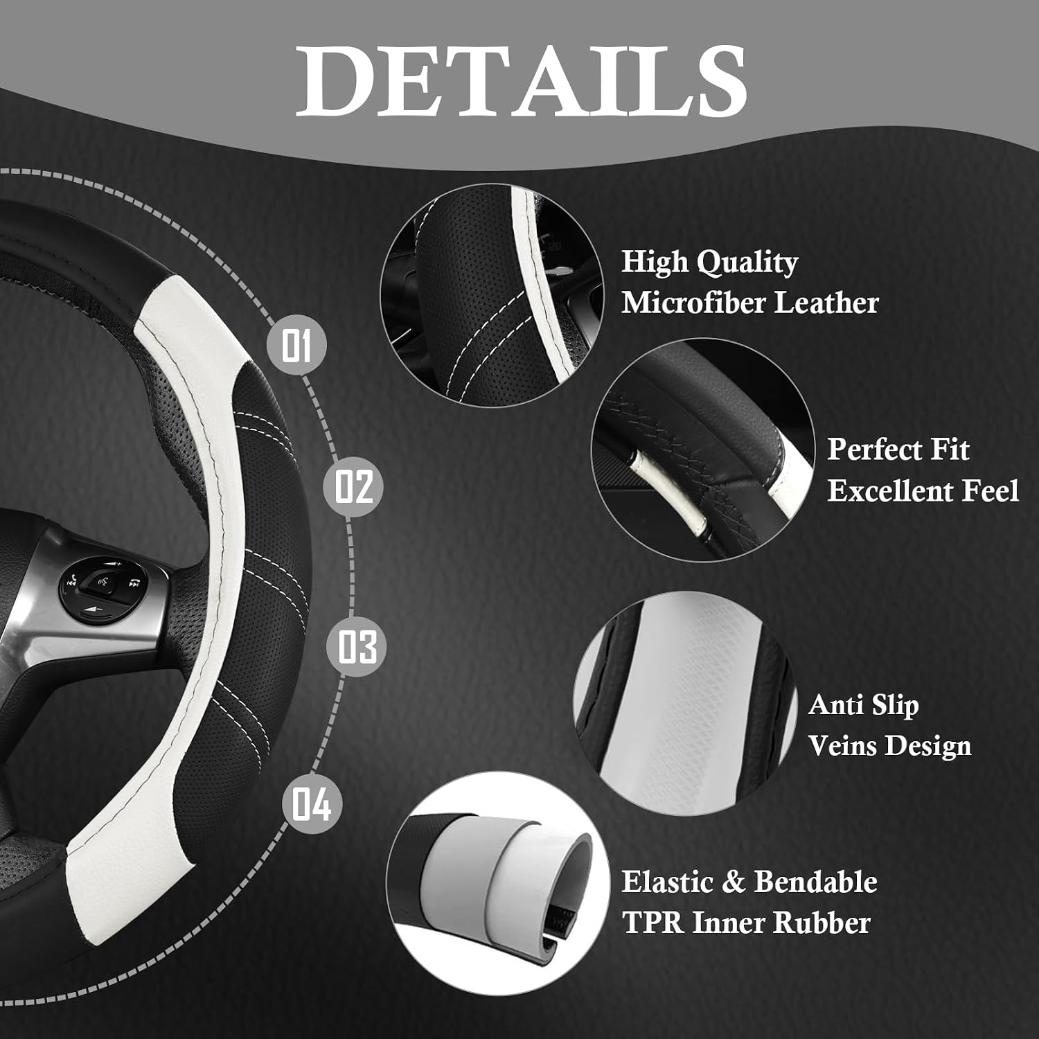 Detalle 2 de CAR PASS Leather Steering Wheel Cover 15"