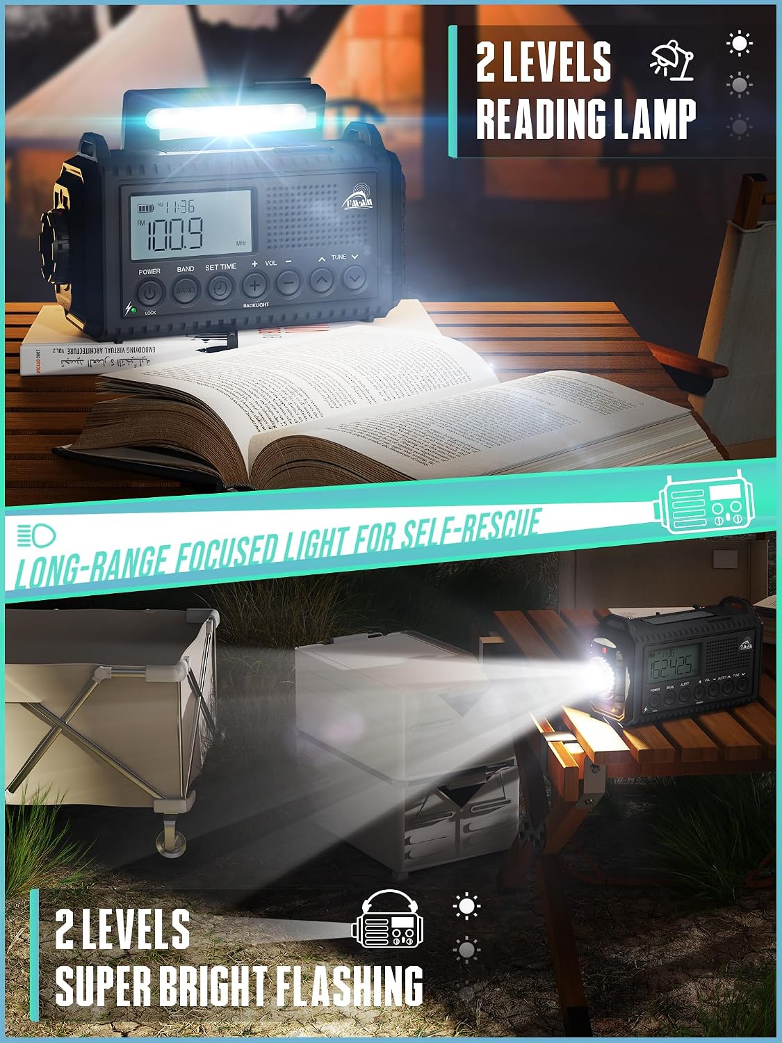 Detalle de ROCAM 1009UItra Emergency Radio, 12,000 mAh Power Bank, Solar & Crank