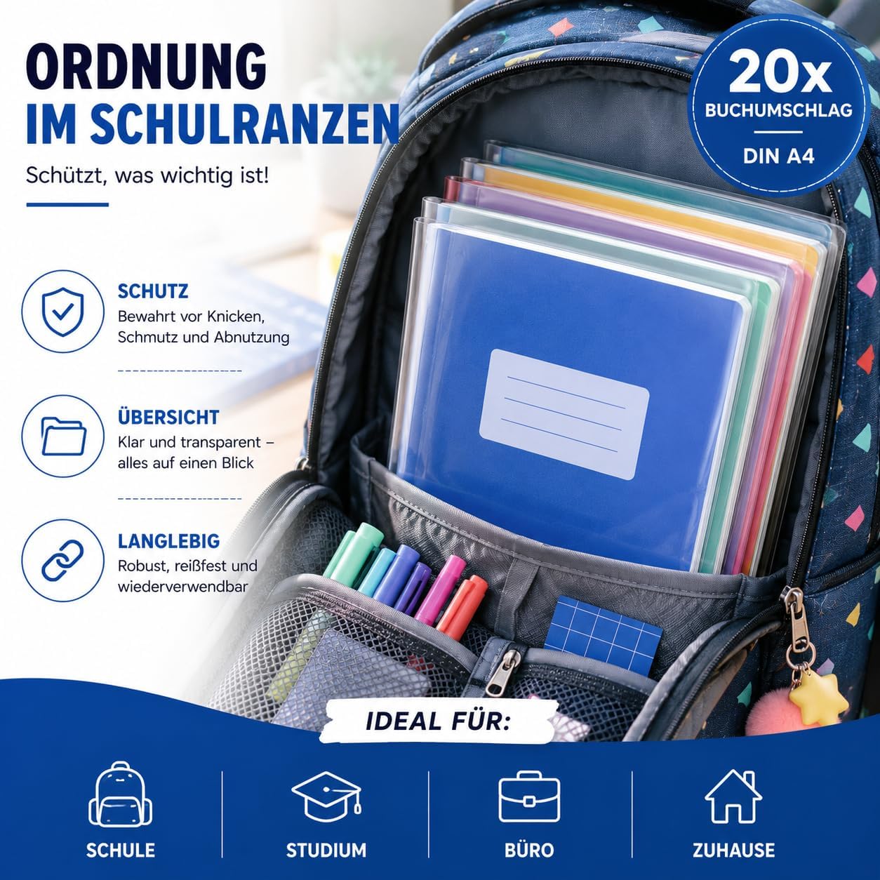 Detalle 2 de 20x Klarer Buchumschlag DIN A4 – Schutzumschlag & Hefthülle für Bücher, Hefte & Notizbücher