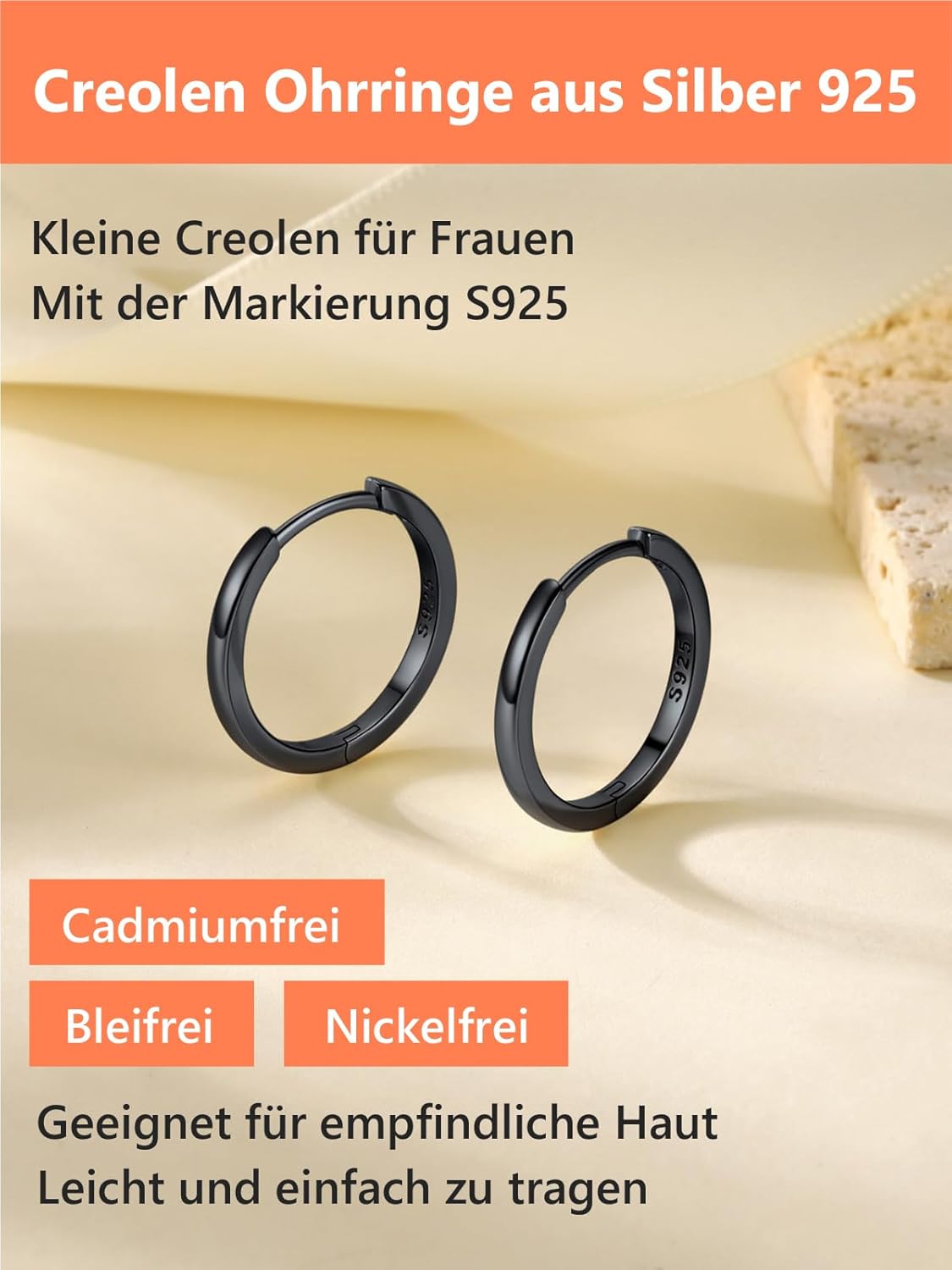 Thumbnail 2 de Silvora Kleine Creolen aus 925 Sterling Silber – Huggie/Hoop in 6–20 mm (Silber/Schwarz/Rosegold)