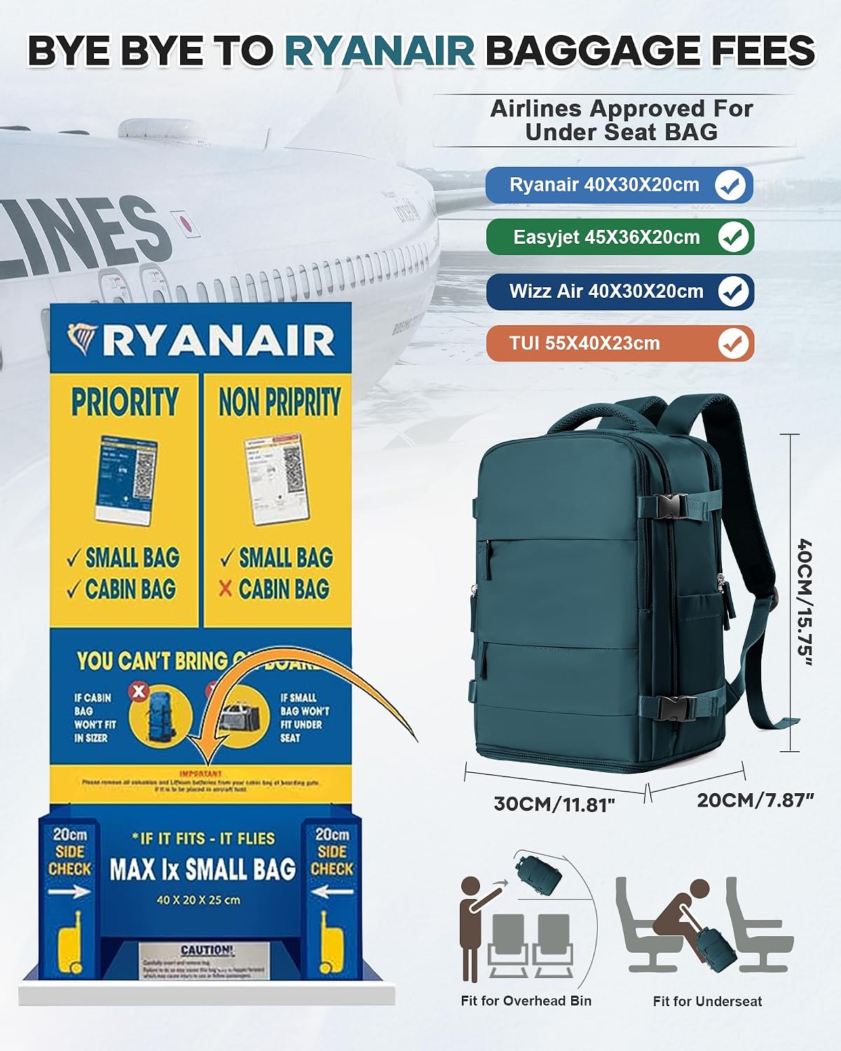 Detalle 2 de HPLQQ Mochila de cabina 40x30x20 para Ryanair (impermeable, apertura 180°, azul pavo real)