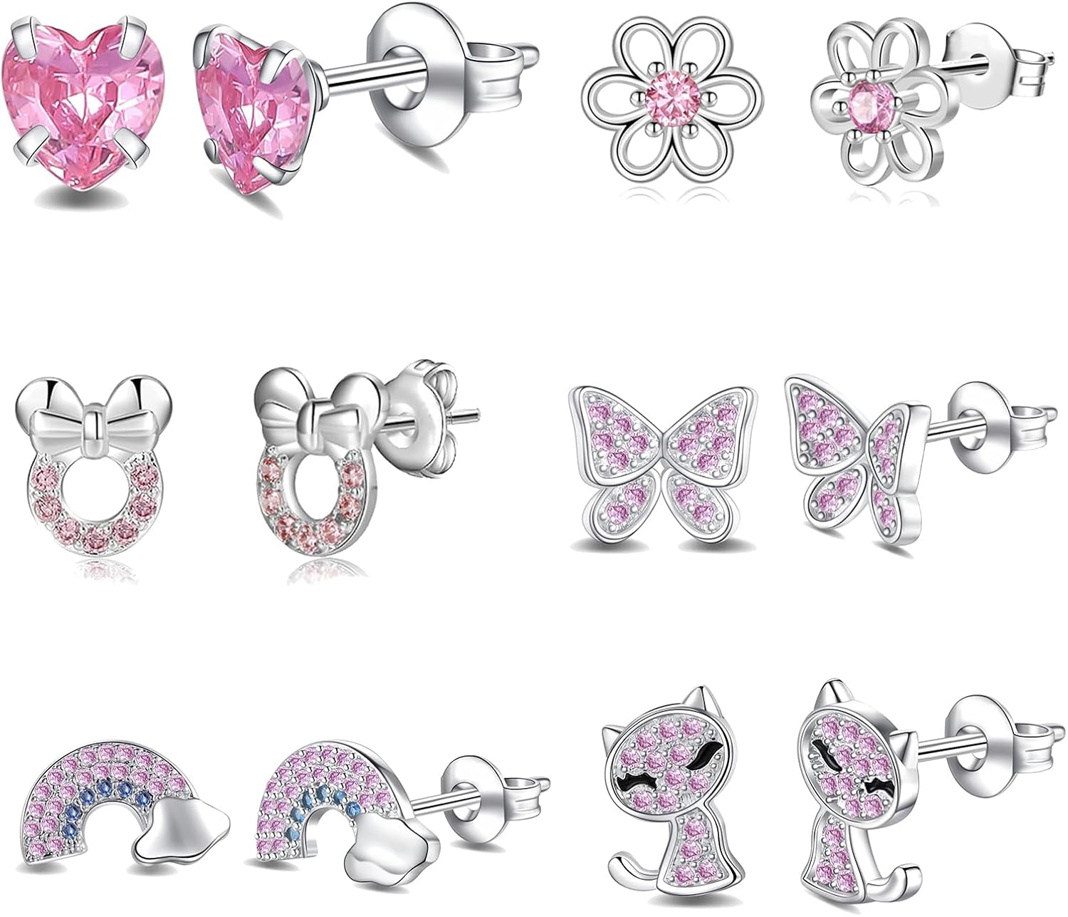 Thumbnail 6 de 6 Pairs Huggie Hoop Earrings for Girls by RANKEEF – 925 Sterling Silver, Hypoallergenic, 6 Styles