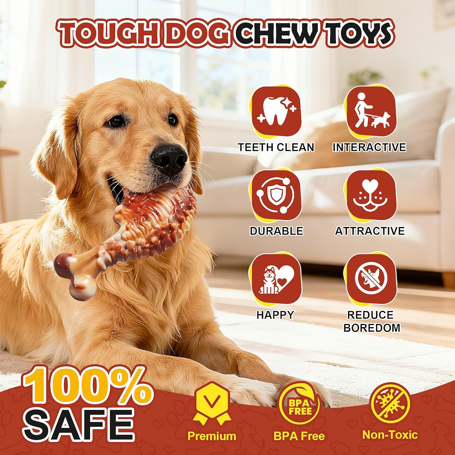 Thumbnail 1 de Large Dog Chew Toys for Aggressive Chewers – 3 Tough Nylon Dog Bones (Yellow)