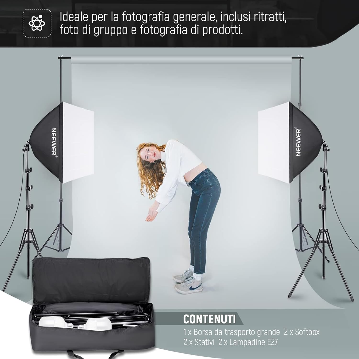 Detalle de NEEWER kit softbox illuminazione continua 700W equivalente con lampadine LED 5700K, 2 diffusori 60x60 cm e supporti