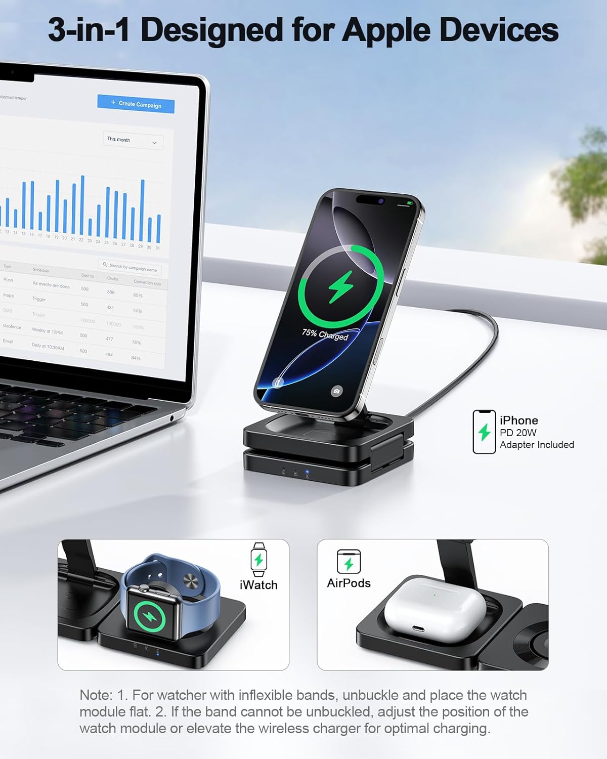 Thumbnail 5 de ADADPU 3 in 1 Magnetic Wireless Charging Stand (20W Included) – Foldable Travel Dock for iPhone, Apple Watch and AirPods