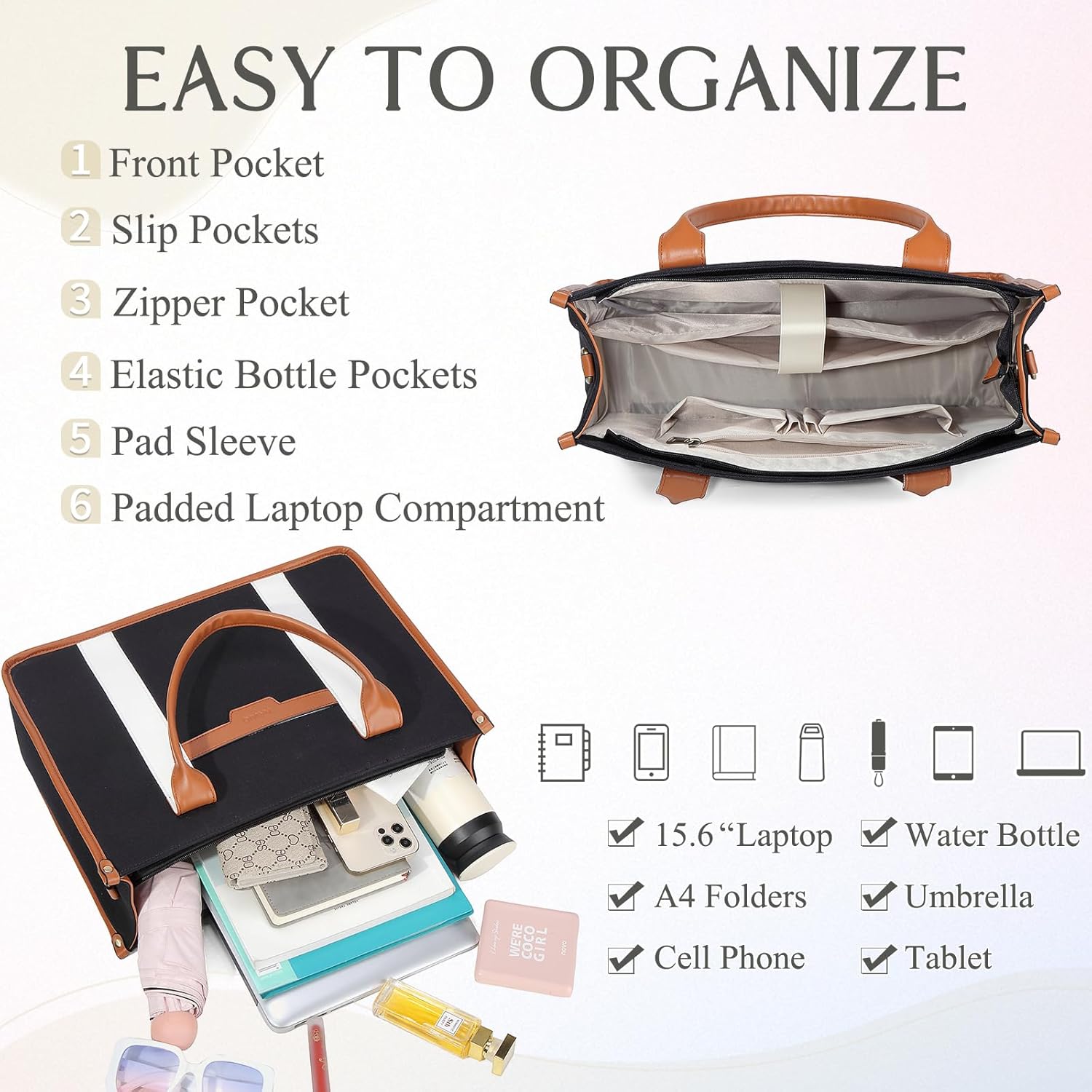 Thumbnail 4 de RAVUO Laptoptasche Damen – Canvas Business-Tasche für 15,6 Zoll Laptop, großes Fassungsvermögen, wasserabweisend