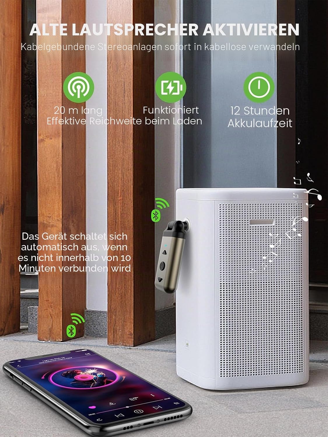 Detalle de HVMLAK Air88 Aux Bluetooth 5.4 Adapter Auto – kabelloses Audio für unterwegs, rotierender 3.5 mm Anschluss