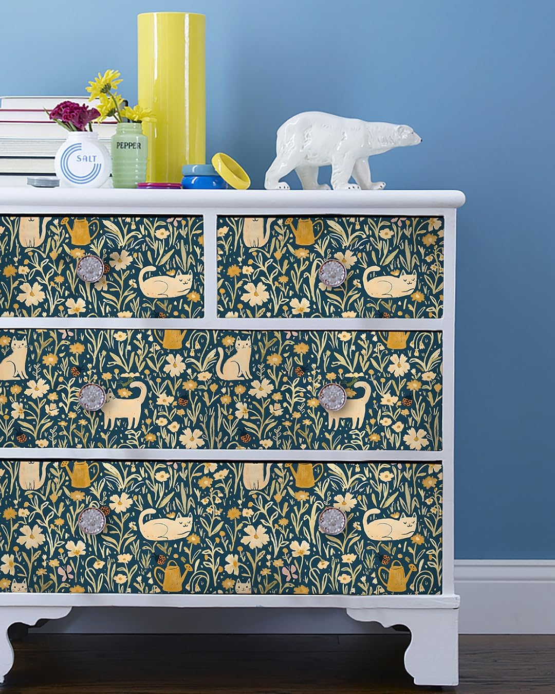Detalle 2 de CiCiwind zelfklevend behang 41 × 300 cm, blauw vinyl met katten en bloemen