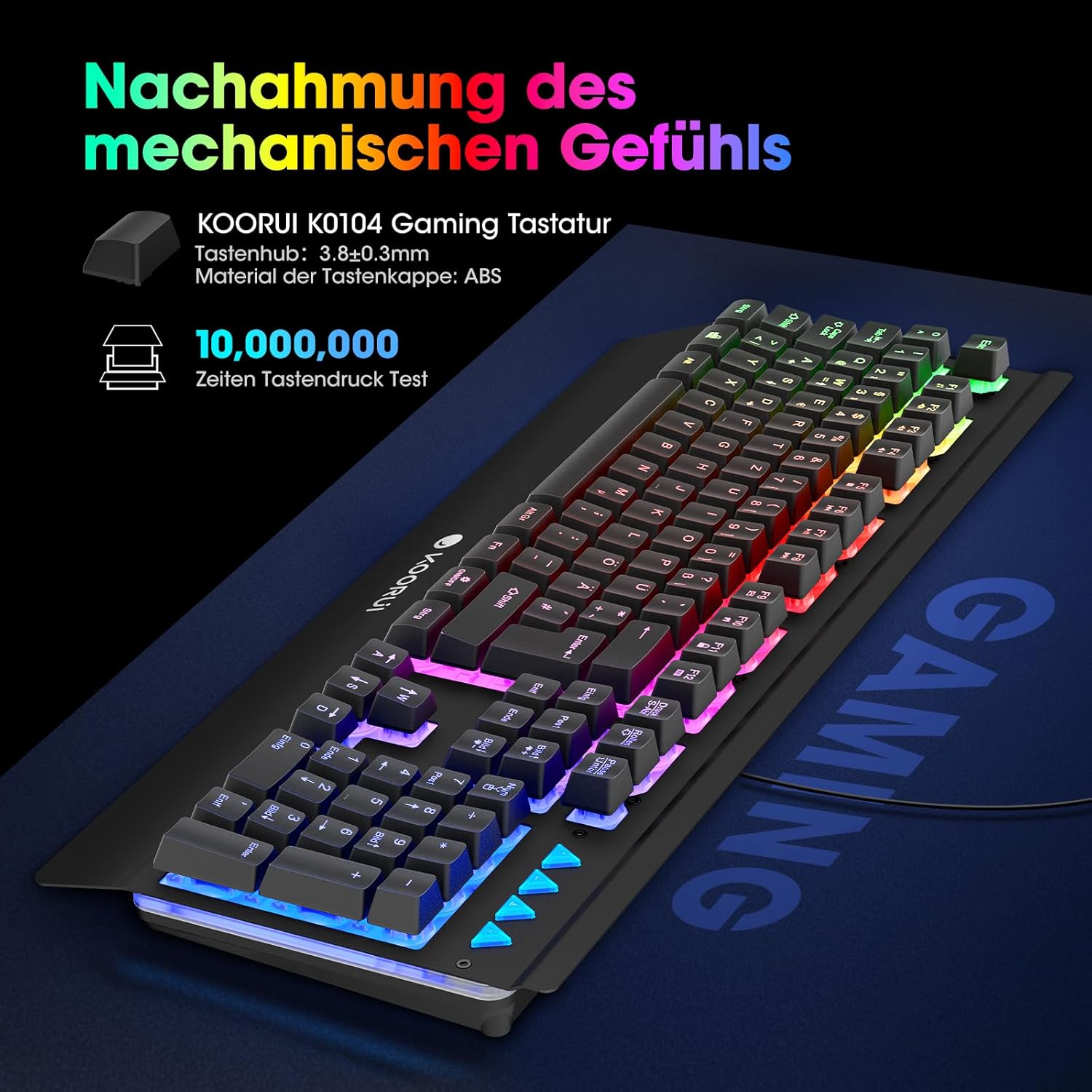 Detalle de KOORUI Gaming Tastatur – Deutsches QWERTZ-Layout, 26-Knopf Anti-Ghosting, Spritzwasserschutz, RGB-Backlight und 12 Multimedia-Tasten
