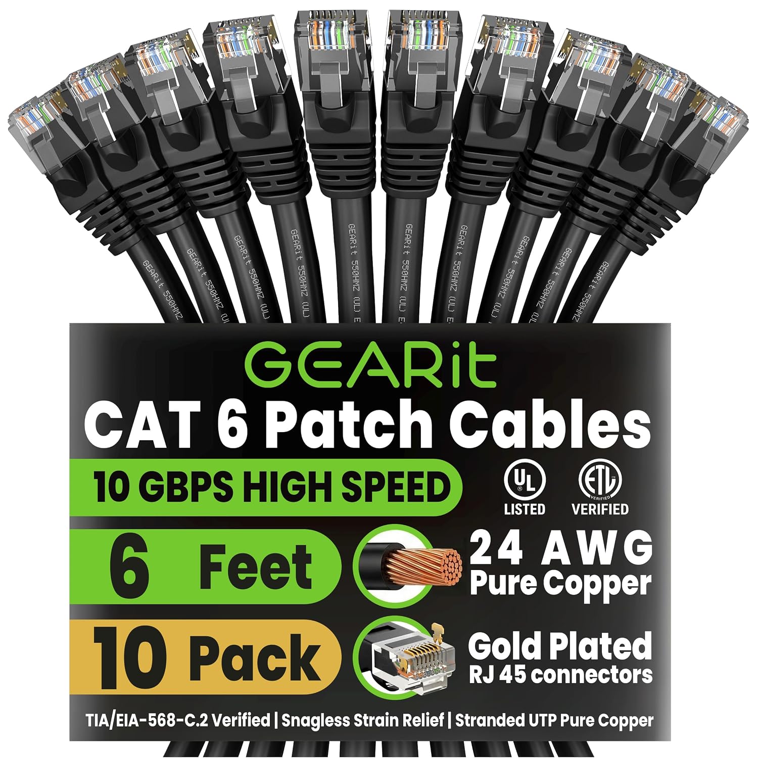 Detalle de GEARit 6CAT6E-BLACK-10PACK Cat 6 Ethernet Patch Cables, 6 ft, 10-Pack