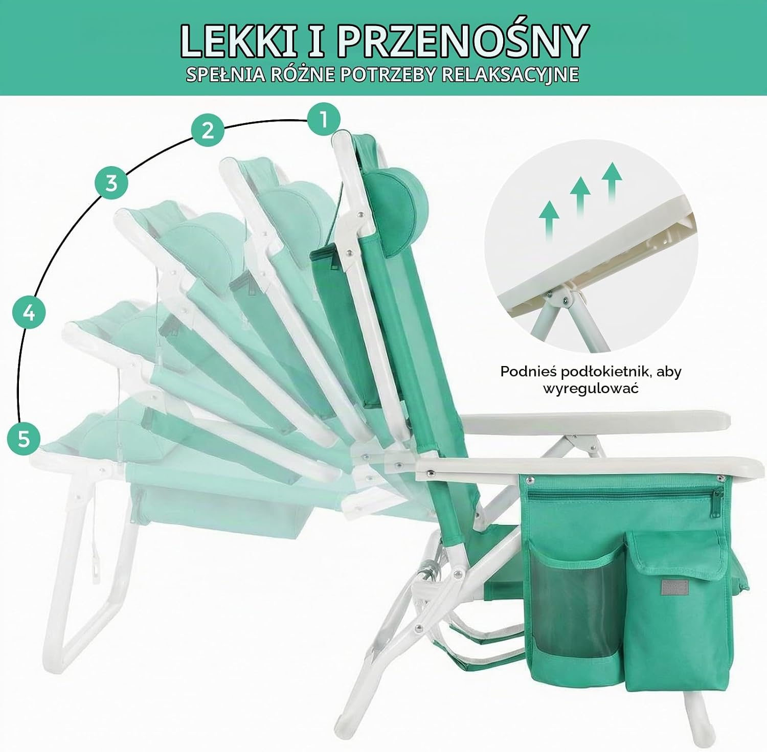 Detalle de LIFERUN XYC-070-4 – składane krzesła plażowe, zestaw 2 szt., 5 pozycji, 150 kg