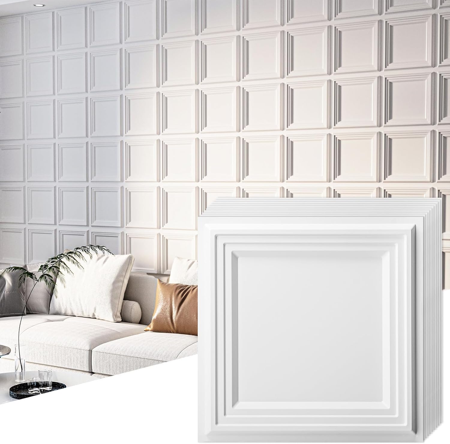 Detalle de Art3d 3D-väggpaneler i mattvitt PVC, 33 st för 2,97 m²