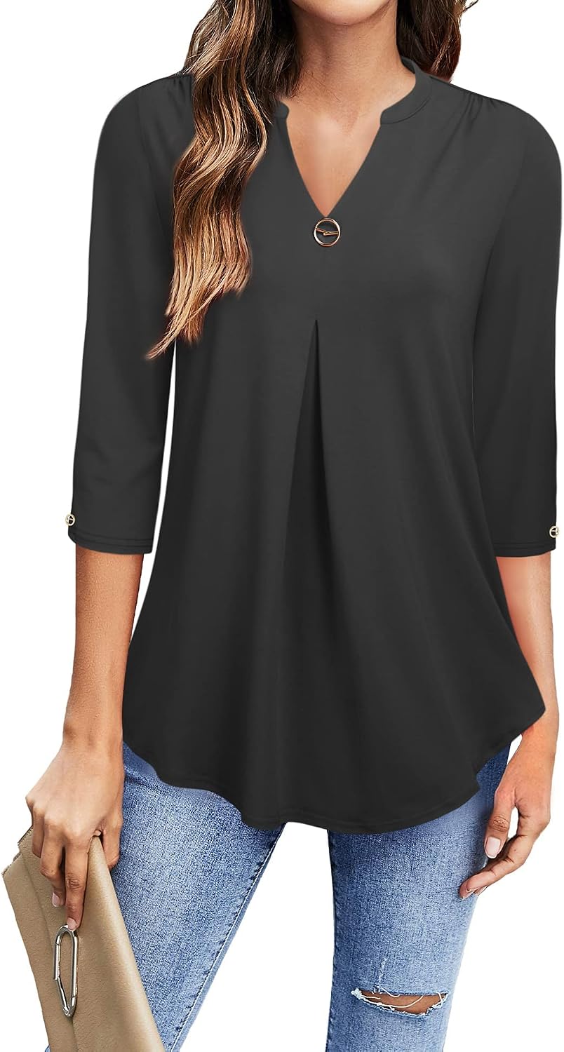 Detalle de Gaharu Damen Bluse 3/4 Arm – elegante V-Ausschnitt Tunika langes Top, Flowy, Jersey-Strick
