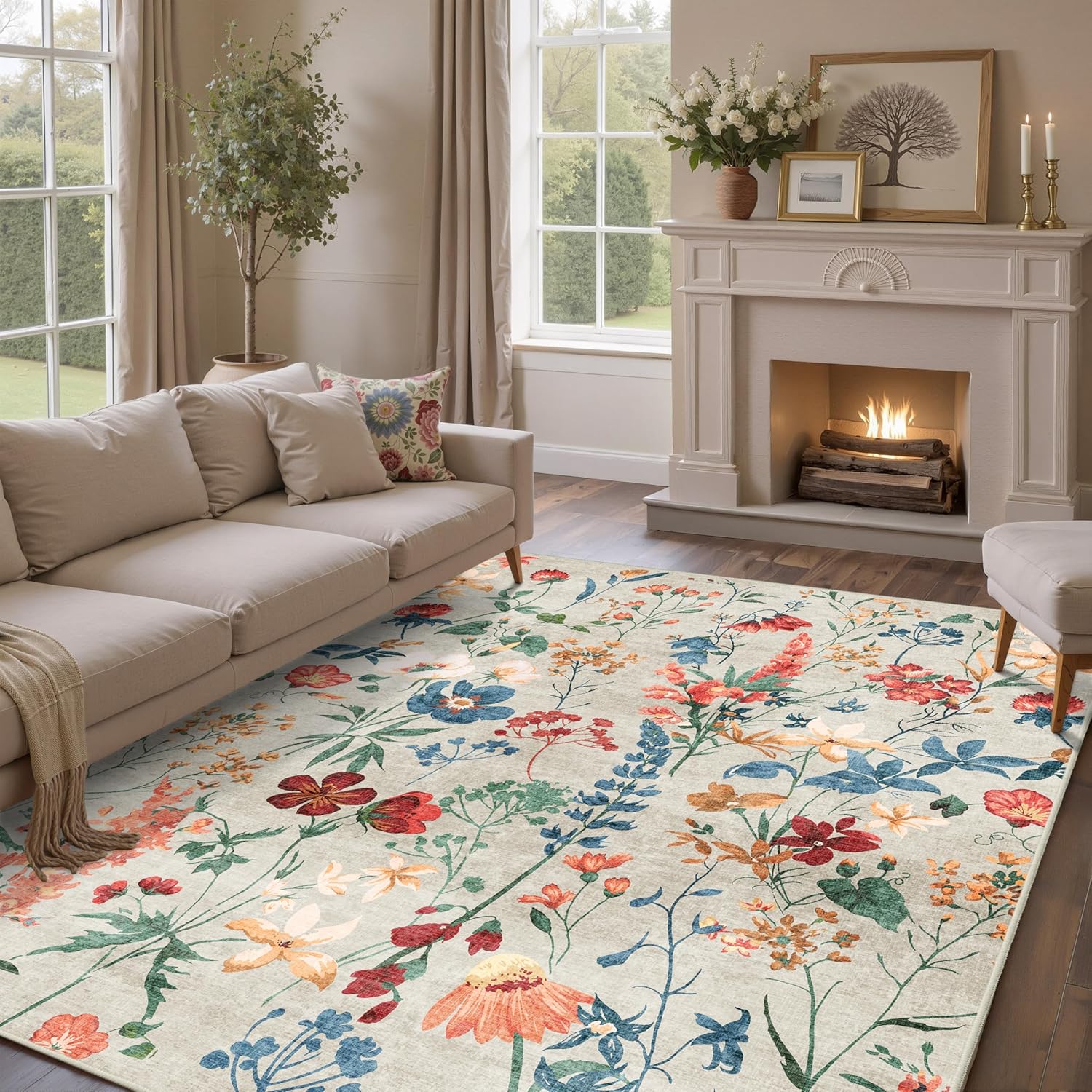 Thumbnail 3 de HUGEAR Beige waschbarer Teppich mit Blumenmuster (200x300 cm) – kurzflorig, rutschfest, für Wohn- & Schlafzimmer