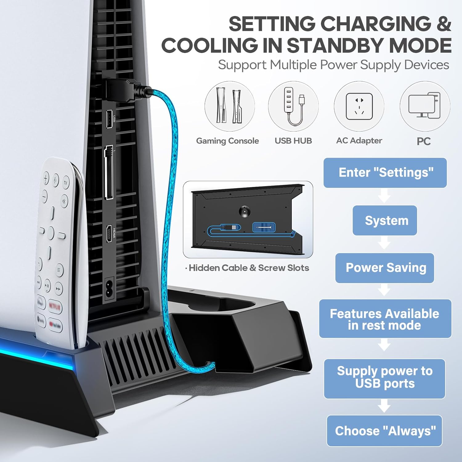Thumbnail 5 de Rysker Supporto PS5/Slim/Pro con base di raffreddamento, ricarica controller e luci RGB