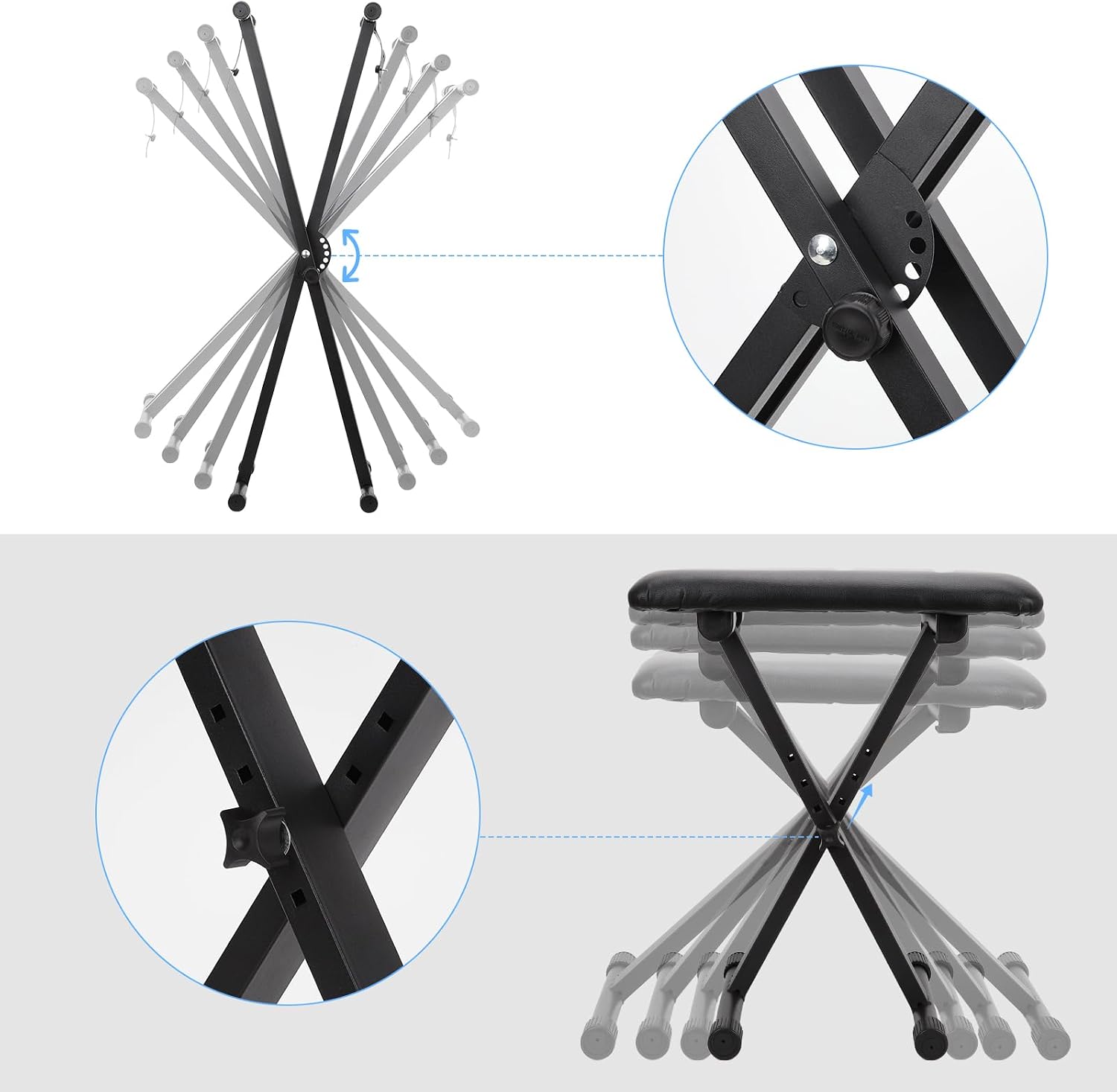 Detalle de Doppelstrebig X-Keyboardständer von Dgddhjt – 7‑fach höhenverstellbar, gepolsterte Keyboardbank, klappbar, Schwarz