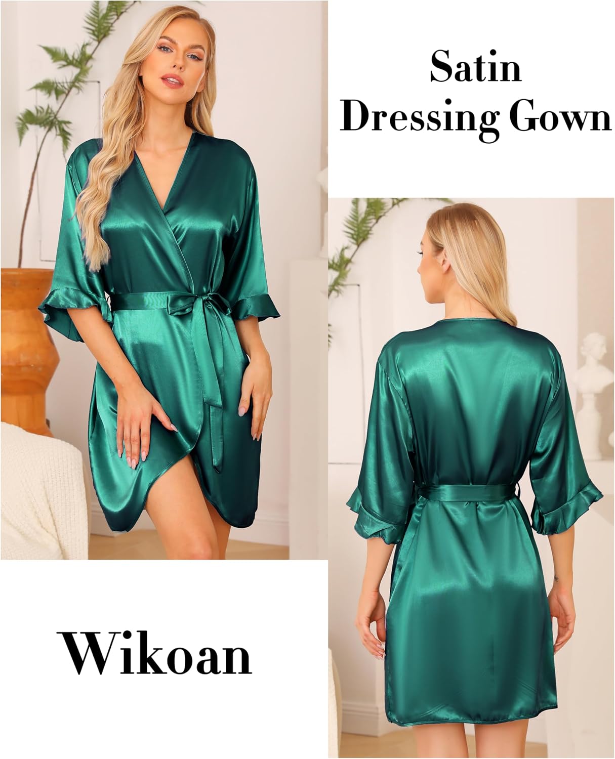 Detalle de Wikoan Peignoir Satin Femme – Robe de Chambre Kimono Court en Satin 100% polyester