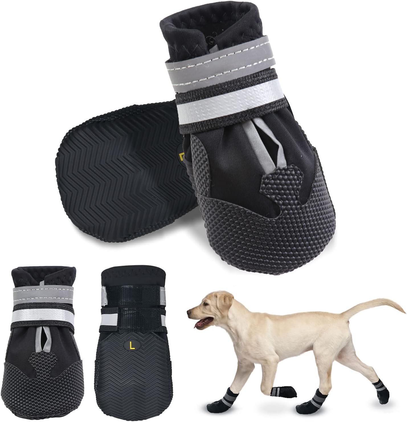 Detalle de Dricar Dog Shoes (Black, L) – Set of 4 Waterproof Anti-Slip Dog Boots with Reflective Straps