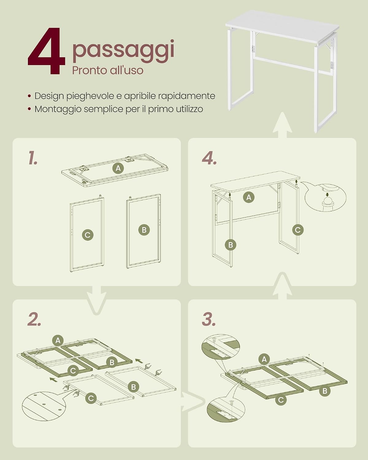 Thumbnail 6 de VASAGLE Scrivania per Computer Pieghevole LWD151WF01 — Piano unico, 80 x 40 cm, bianco neve
