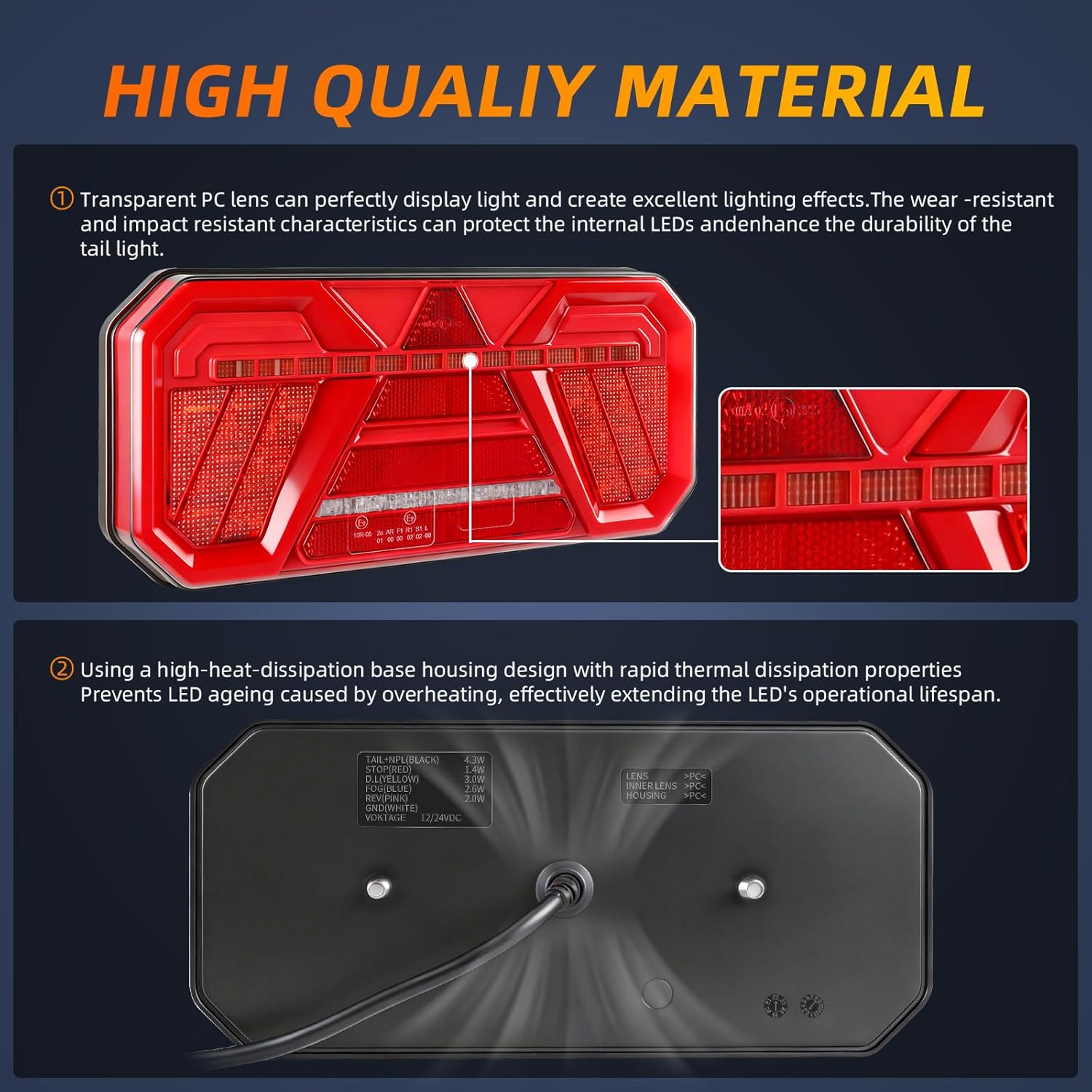 Thumbnail 3 de Yuanjoy 2‑pcs LED trailer rear light set (12V/24V) – IP67 waterproof with indicators, reverse and rear fog