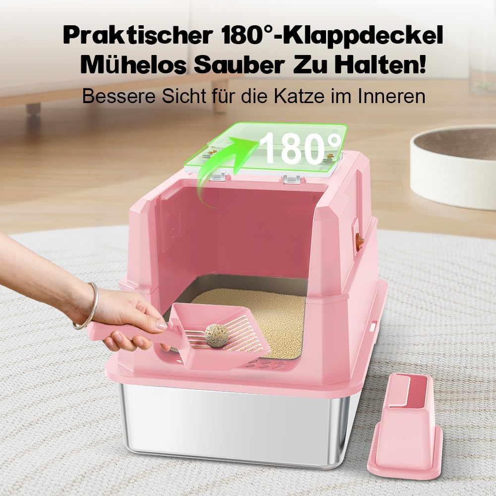 Detalle 2 de SZEE XL Edelsthal Katzenklo mit 180° Deckel – Edelstahl, 59 × 38 × 38 cm, Rosa