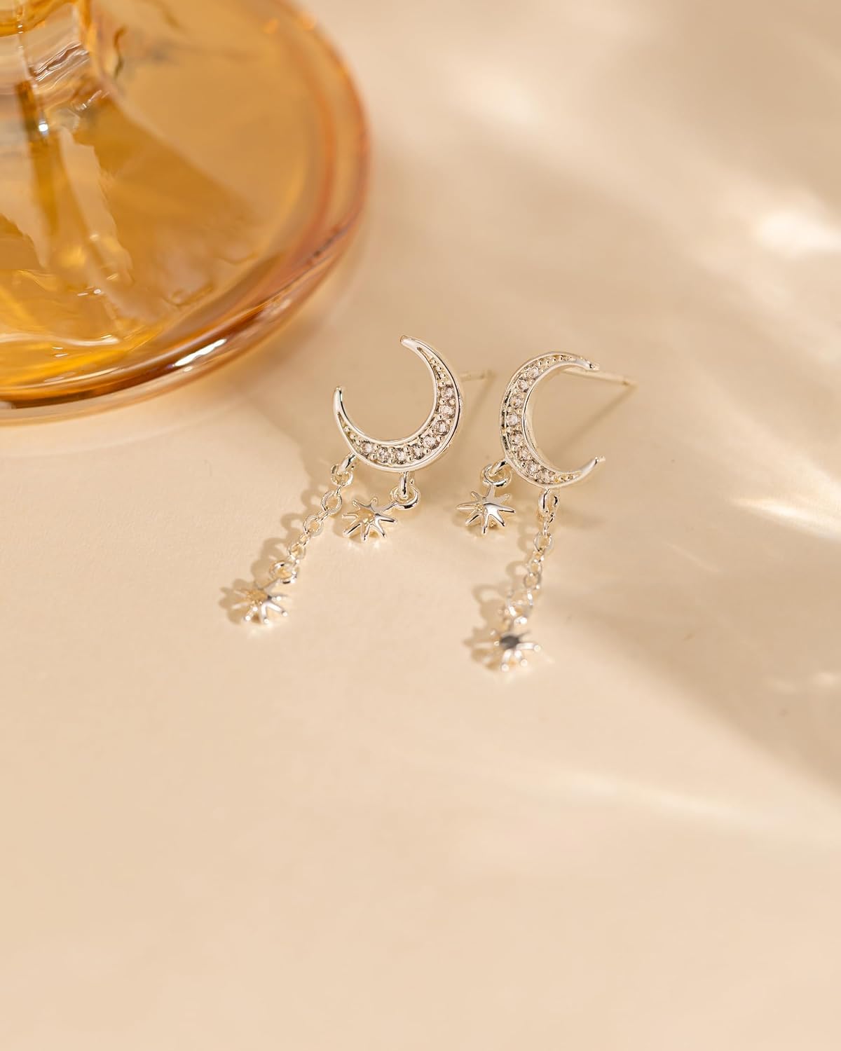 Thumbnail 6 de HANLI Silver Drop Earrings for Women – 14K Gold Plated Hypoallergenic Cubic Zirconia Moon & Star Statement Earrings
