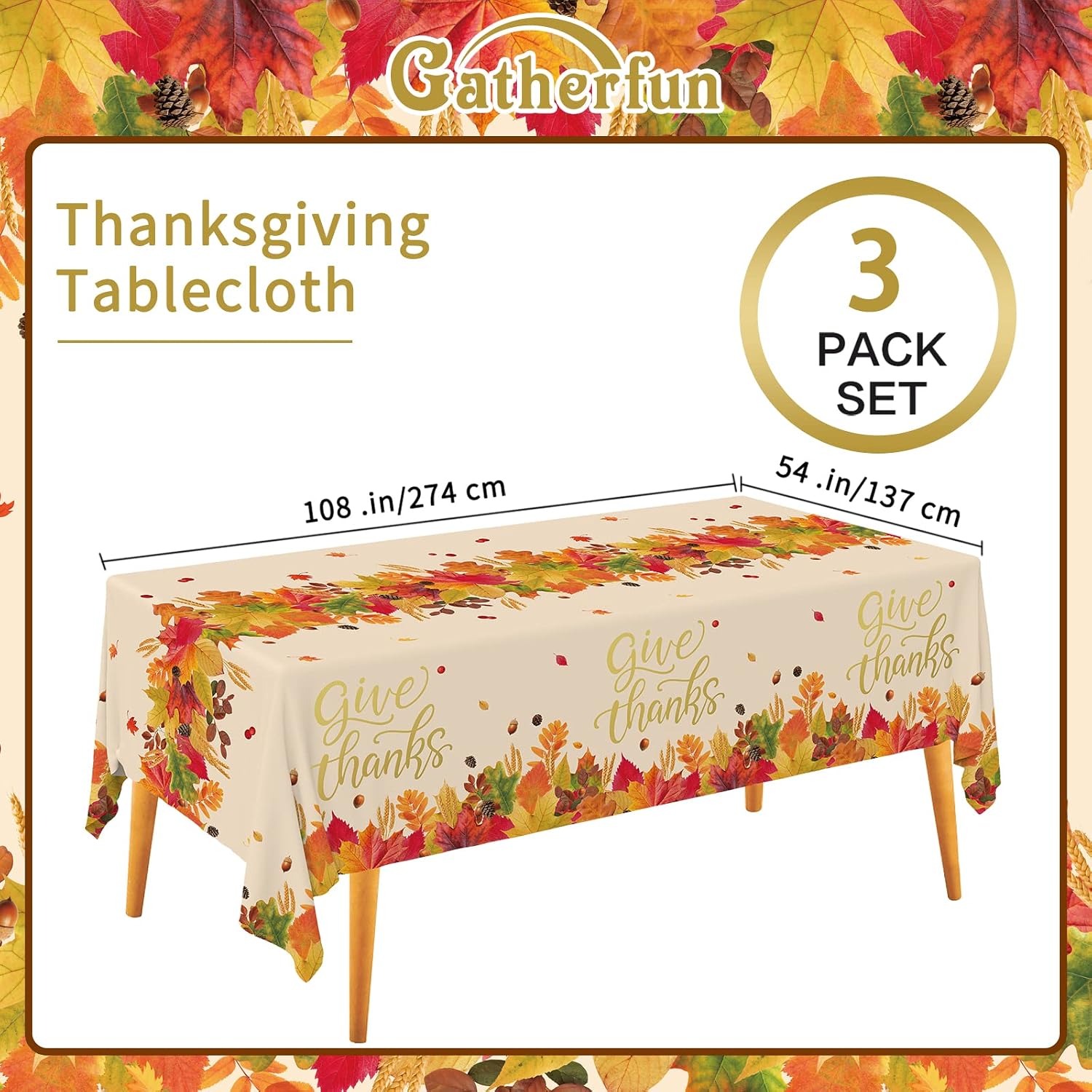 Detalle 2 de Gatherfun Thanksgiving Plastic Tablecloths, 3-Pack, 54" x 108" Leaf Print