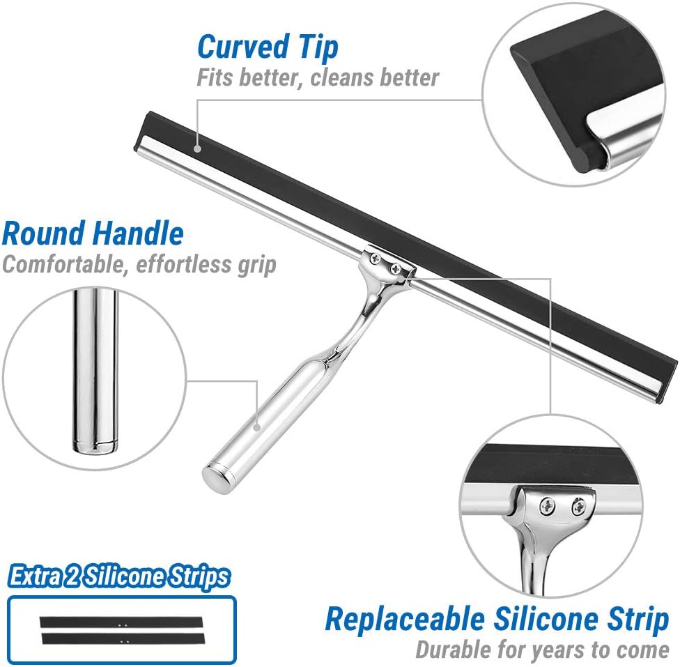 Thumbnail 2 de ecoee Raclette de douche vitrée en acier inox, 31 cm avec crochet sans perçage et 2 recharges en silicone