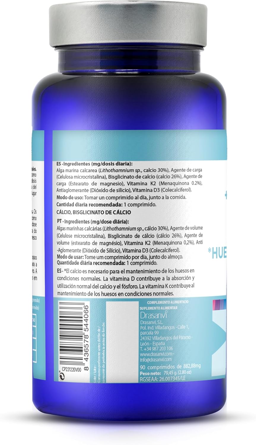 Detalle de Drasanvi Calcio, D3 y K2, Sin Gluten, 90 Comprimidos 🦴