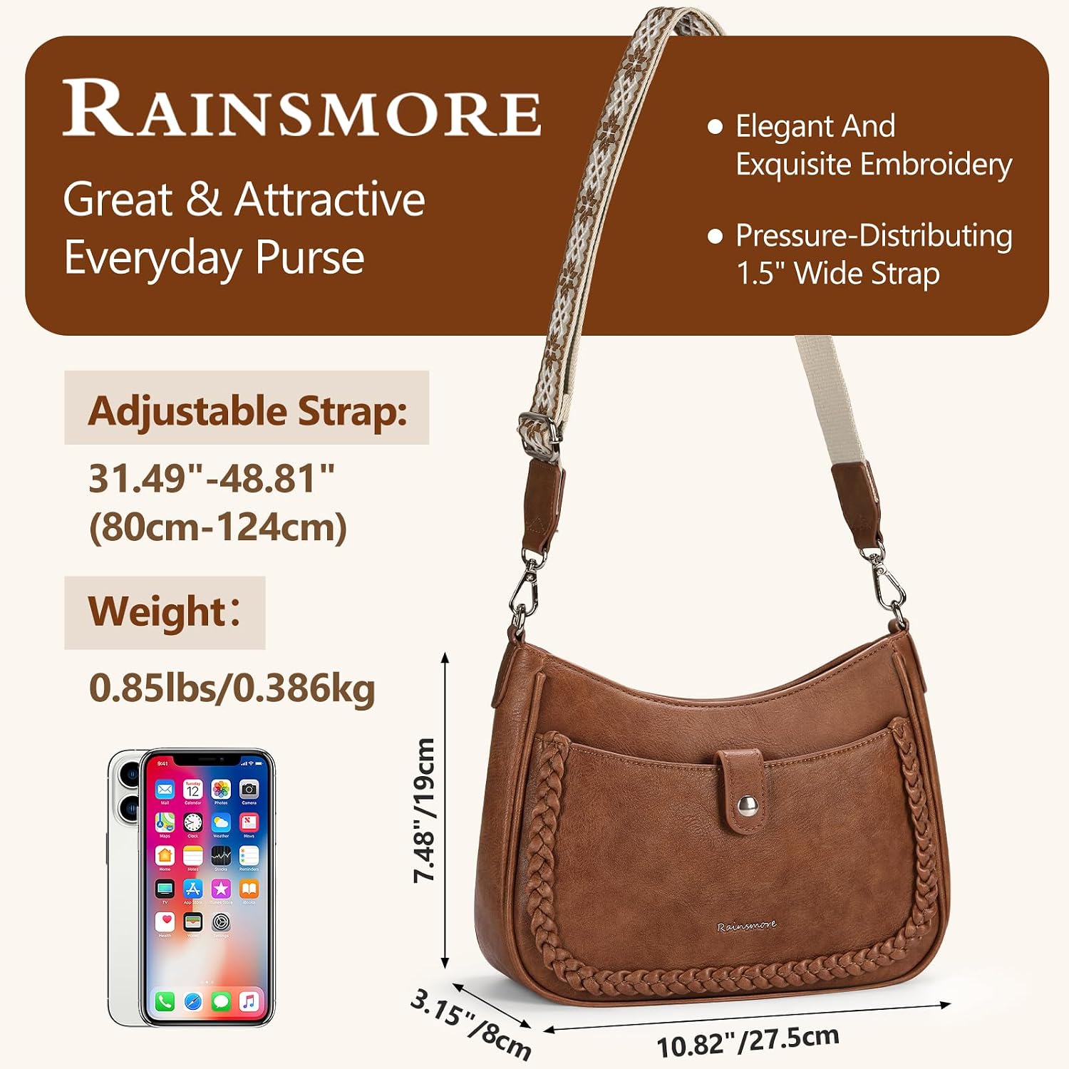 Detalle de RAINSMORE sac bandoulière femme en cuir PU, bandoulière large réglable et amovible, multiples poches (brun)