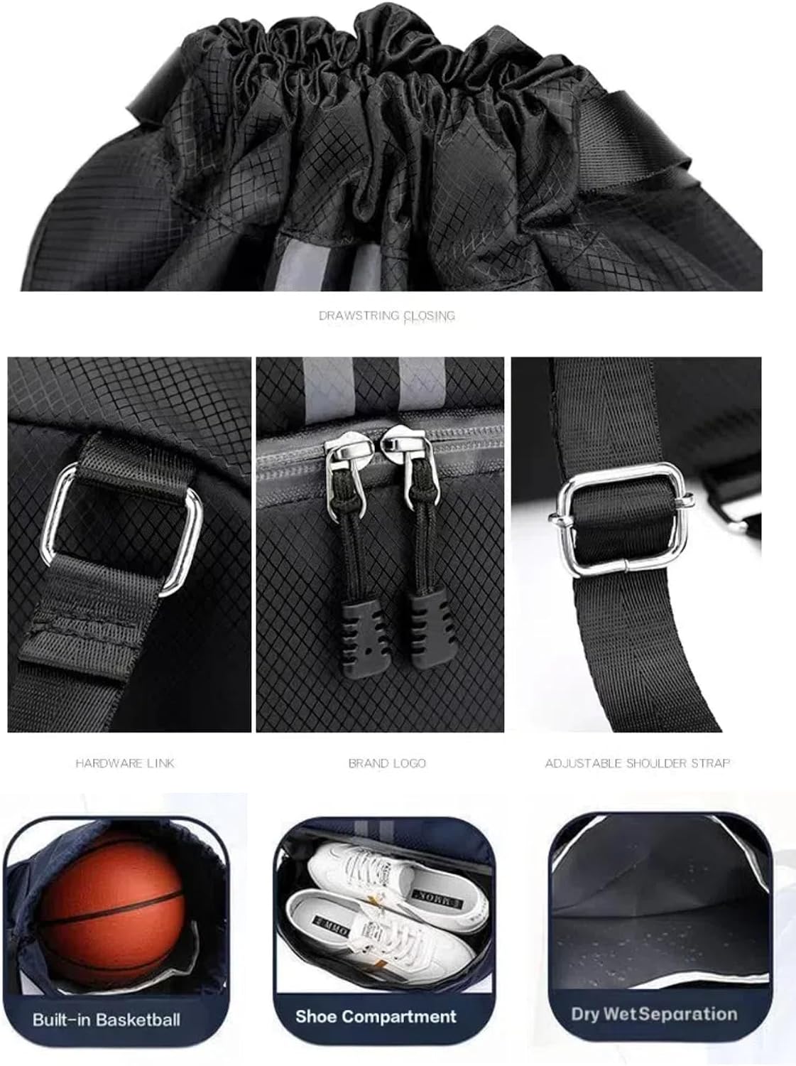 Detalle de Arae Drawstring Gym Backpack with Shoe Compartment & Wet-Proof Pocket (Striped Black)