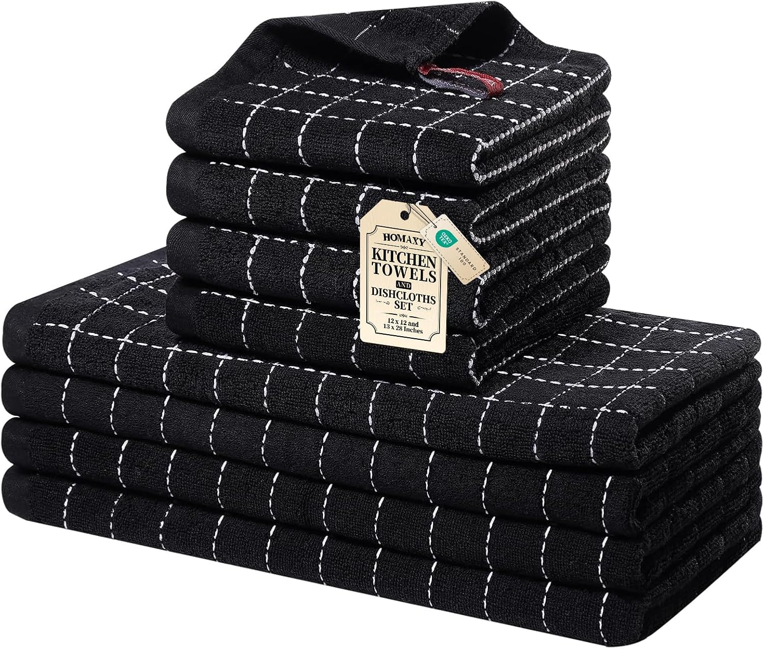 Homaxy Kitchen Towels and Dishcloths Set (8-Piece) — 100% Cotton Terry Towels, Checkered Design, Black