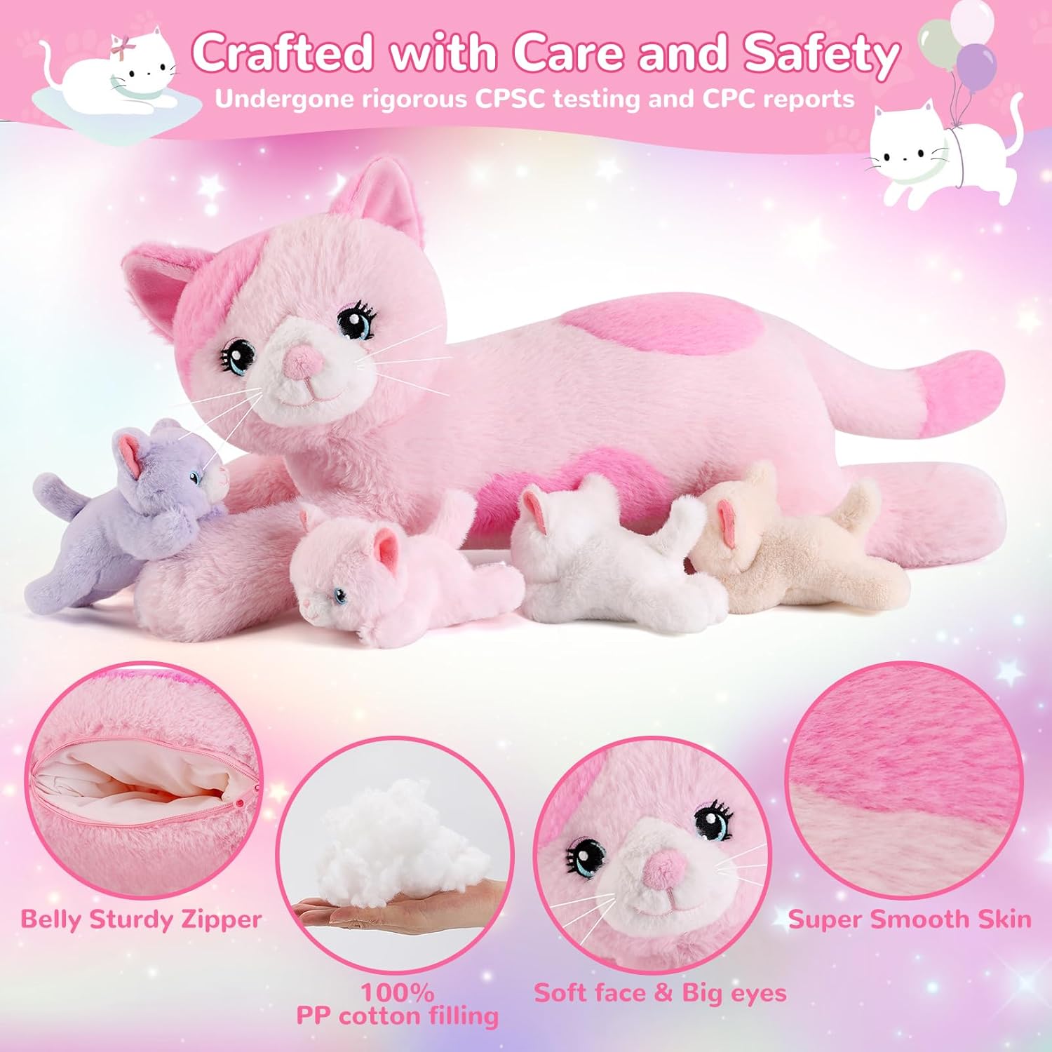 Thumbnail 3 de Gnomantic 5-Piece Mommy Cat Plush Set with 4 Kittens Inside the Belly (Pink) – Surprise Plush Toys for Ages 3–8
