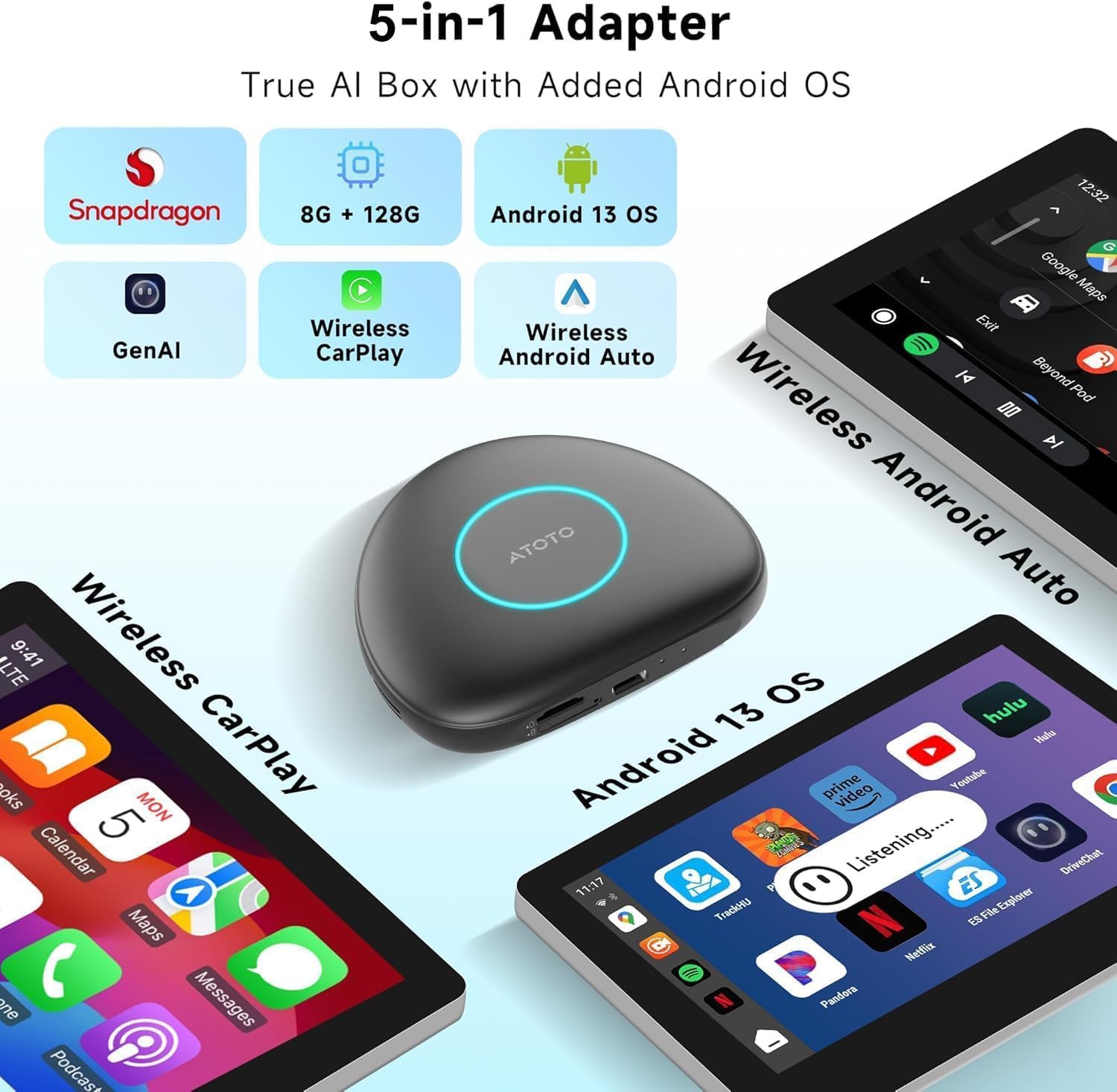 Thumbnail 1 de ATOTOSELECT Wireless CarPlay & Android Auto Adapter with 4G LTE AI Box