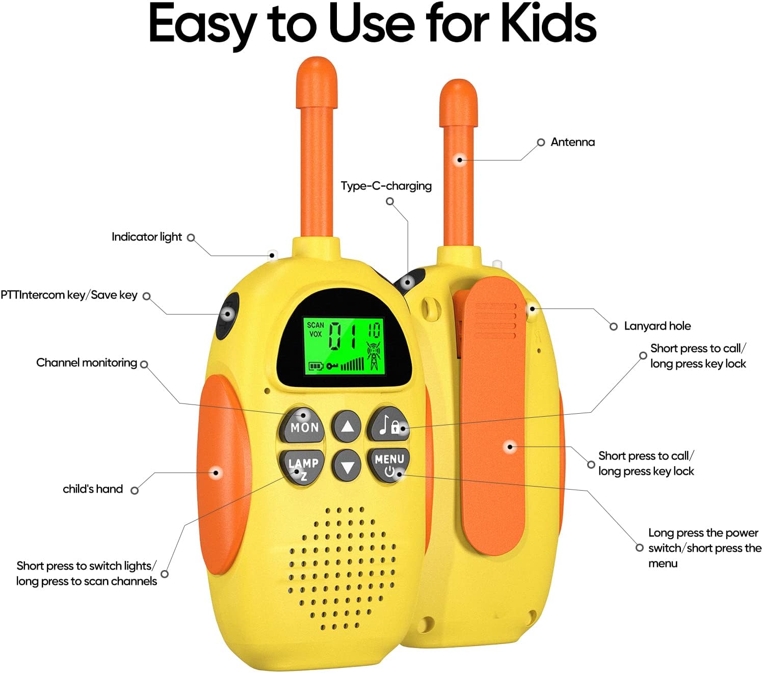 Detalle 2 de HPROMOT Kinder Walkie-Talkies im 3er-Set, aufladbar mit LCD, Taschenlampe, 16 Kanäle