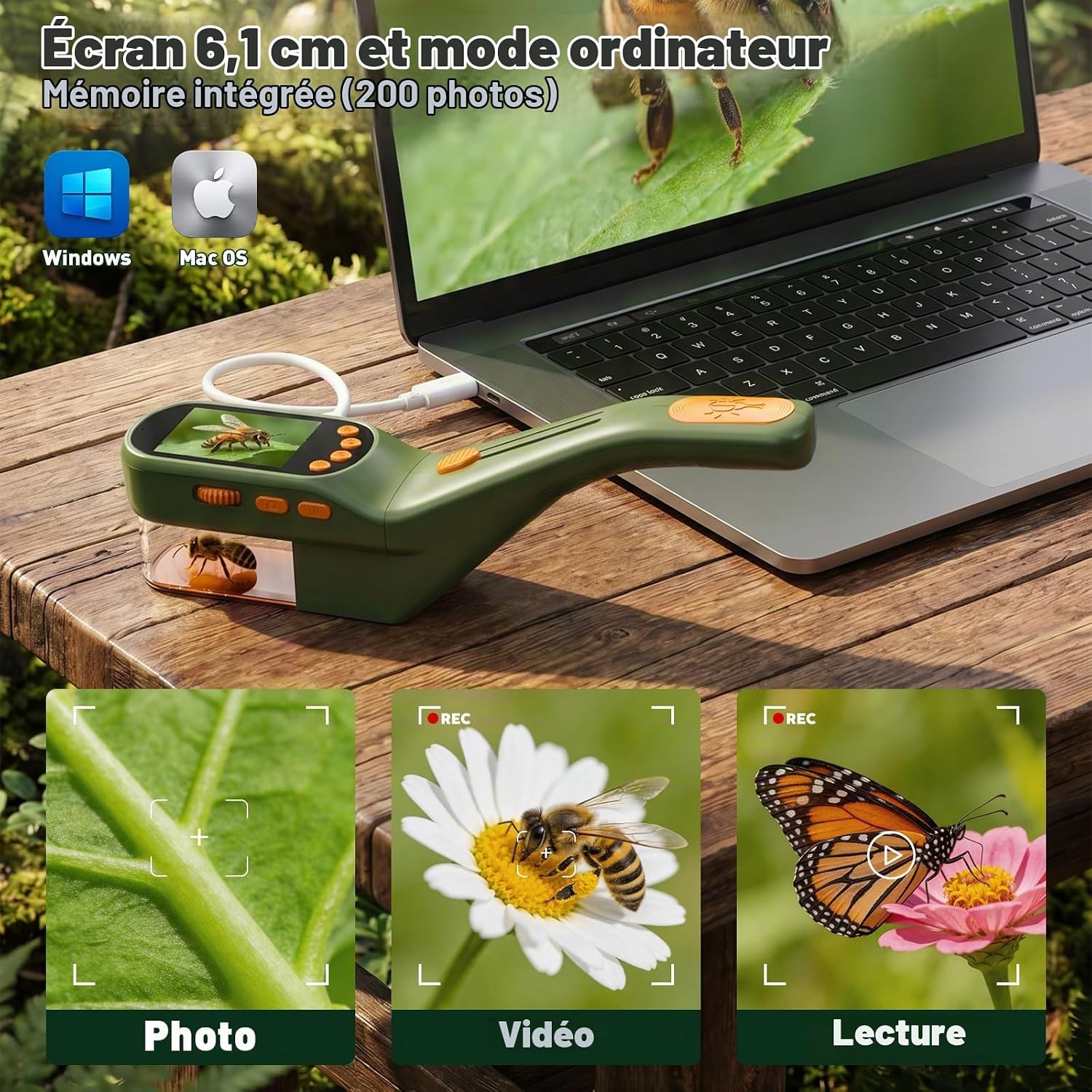 Thumbnail 1 de ASPOVEN Insectenvanger met digitale microscoop, 500x en 2,4-inch IPS-scherm