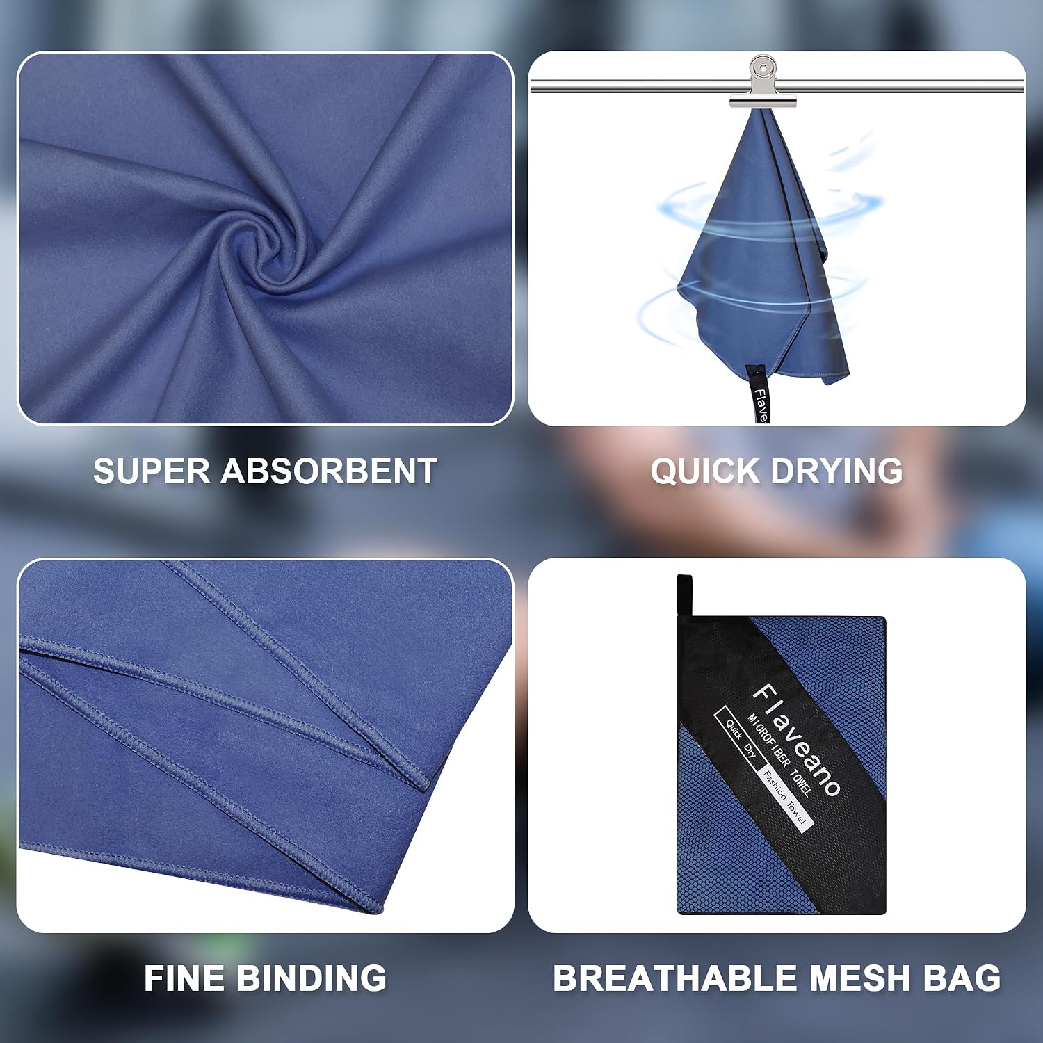 Thumbnail 4 de Flaveano Microfibre Towel, Travel Towel Set of 3 (180x90cm, 80x40cm, 50x30cm) in Navy Blue