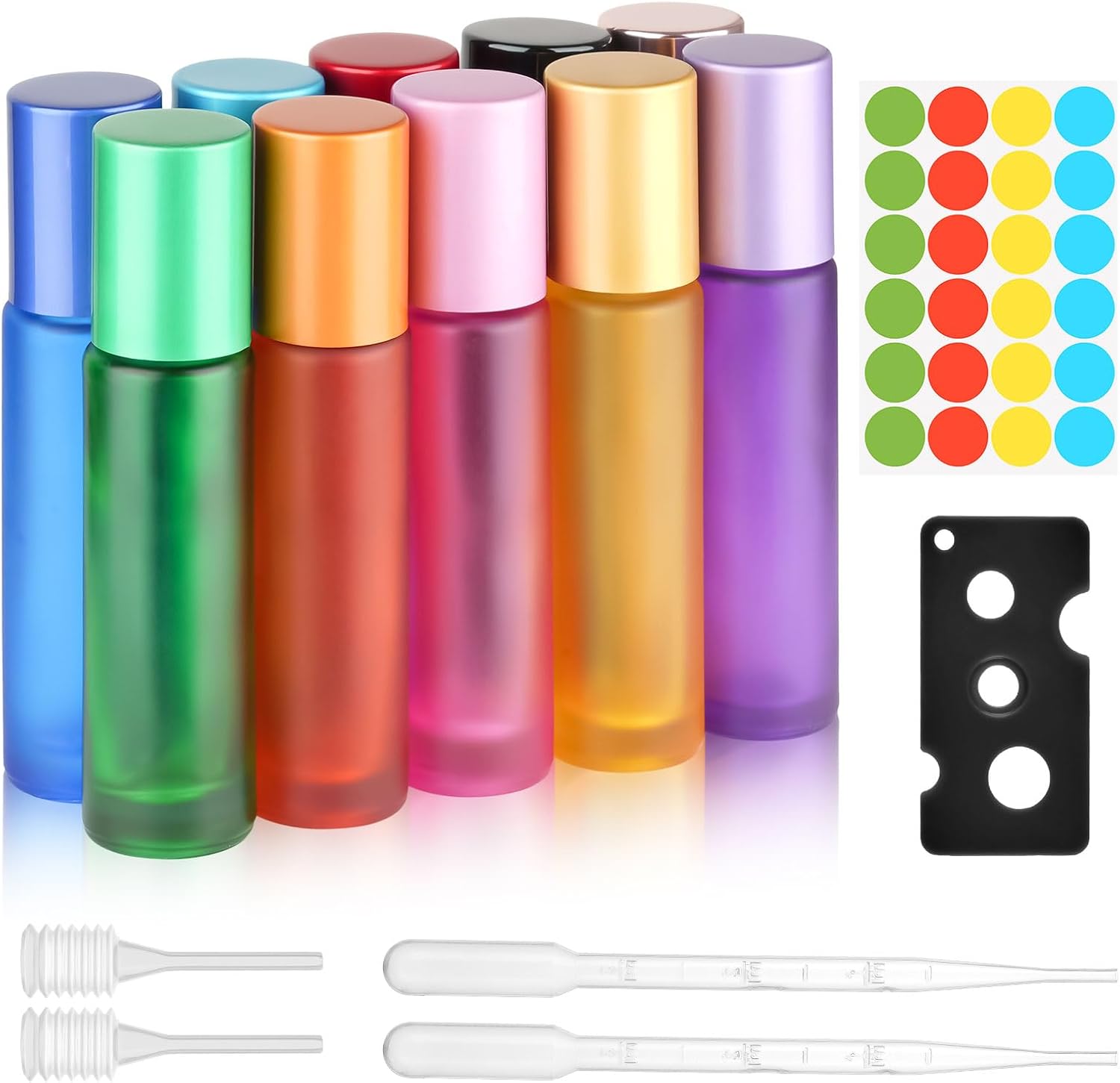 Detalle de 10 ml Roll-on Glasflaschen Set – 10 Stück farbig, mit Zubehör für ätherische Öle, Parfüm und Kosmetik