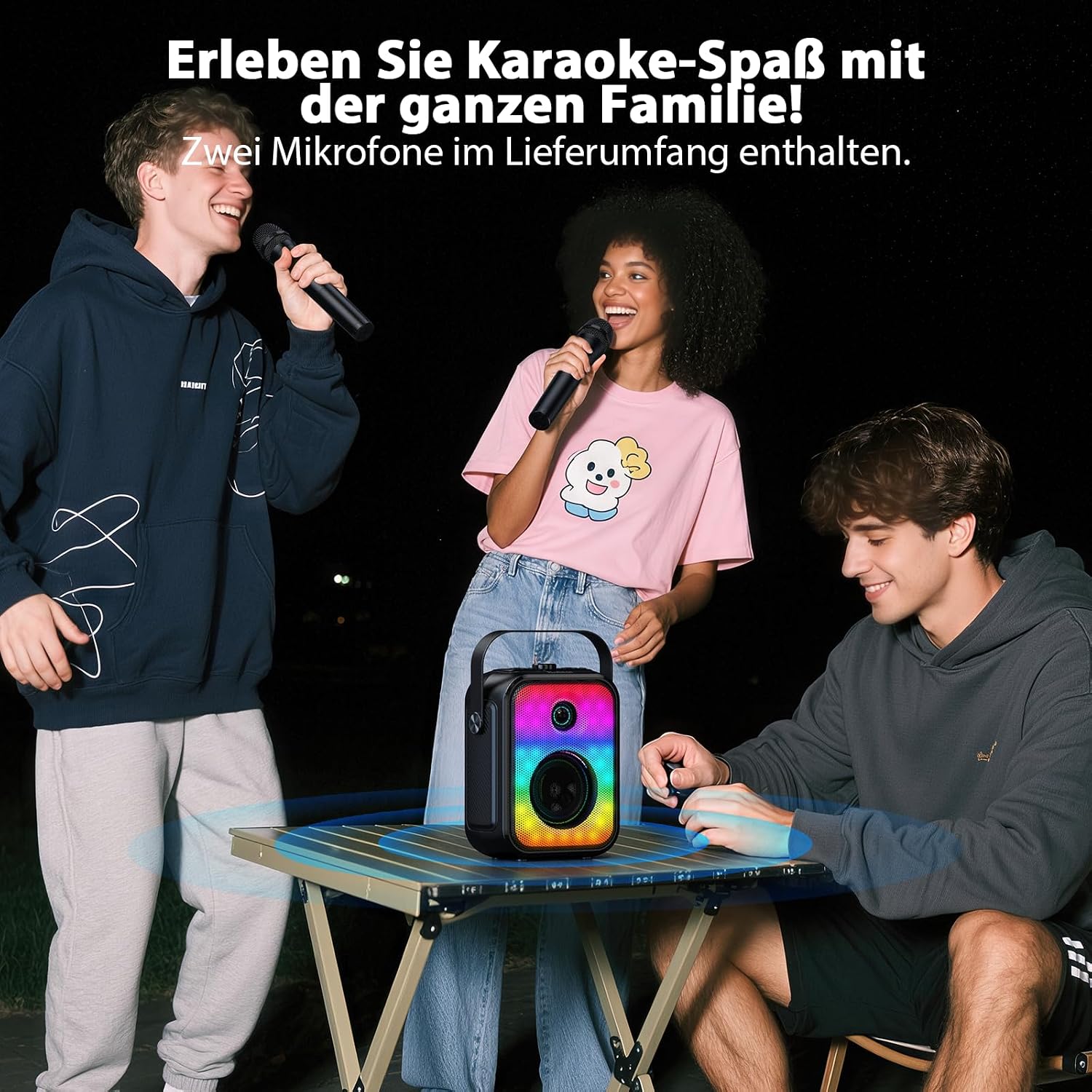Detalle de Karaoke Maschine für Erwachsene – 2 kabellose Mikrofone, tragbarer Bluetooth-Lautsprecher, TWS-Stereo, Bassregelung und LED-Beleuchtung