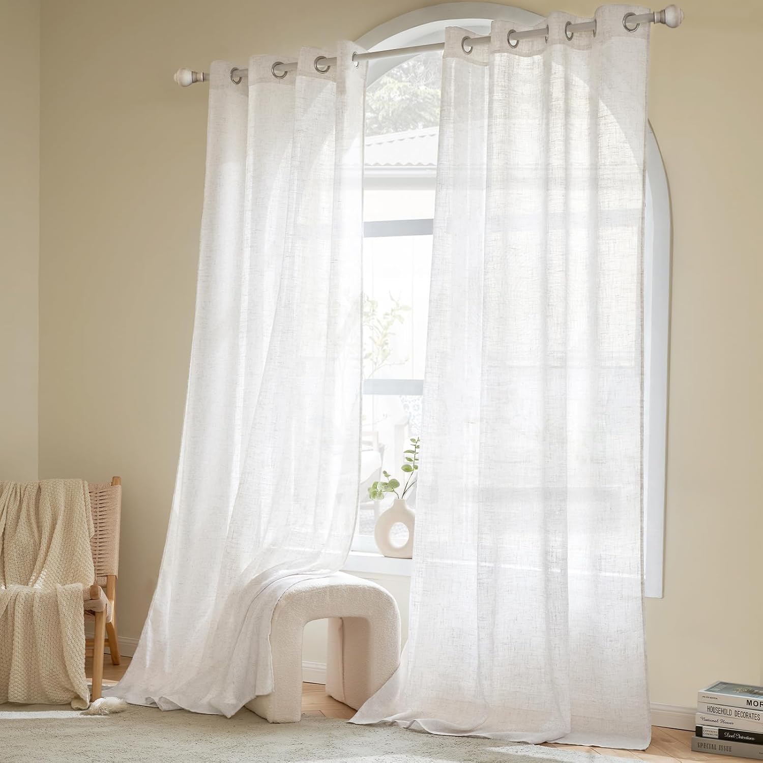 Detalle de Woaboy Leinen-Gardinen Set (2 Stück) halbtransparent mit Ösen, reinweiß – 140 x 280 cm