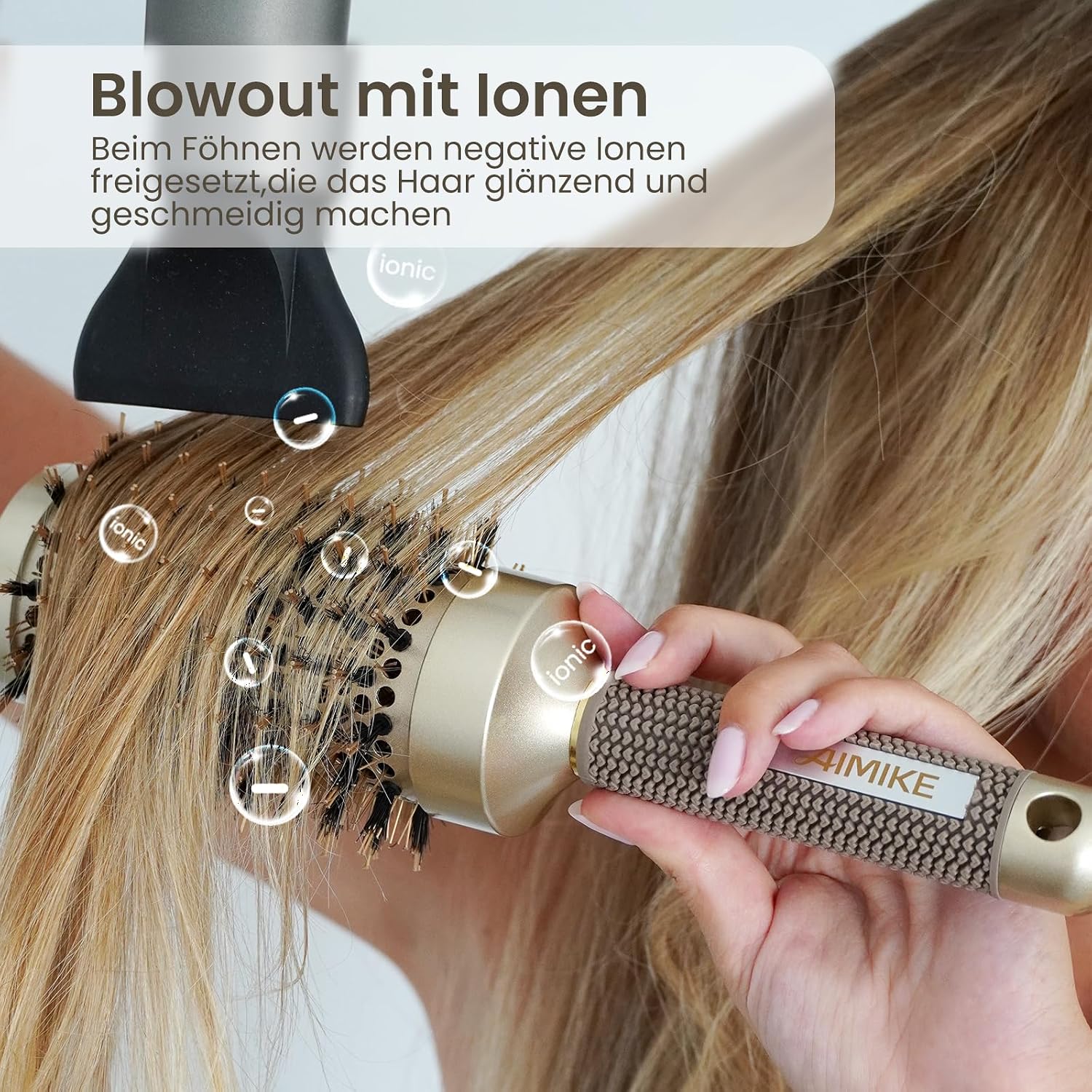 Detalle de AIMIKE Große Rundbürste 53 mm – Wildschweinborsten, Belüftete Aluminium-Trommel, rutschfester Griff