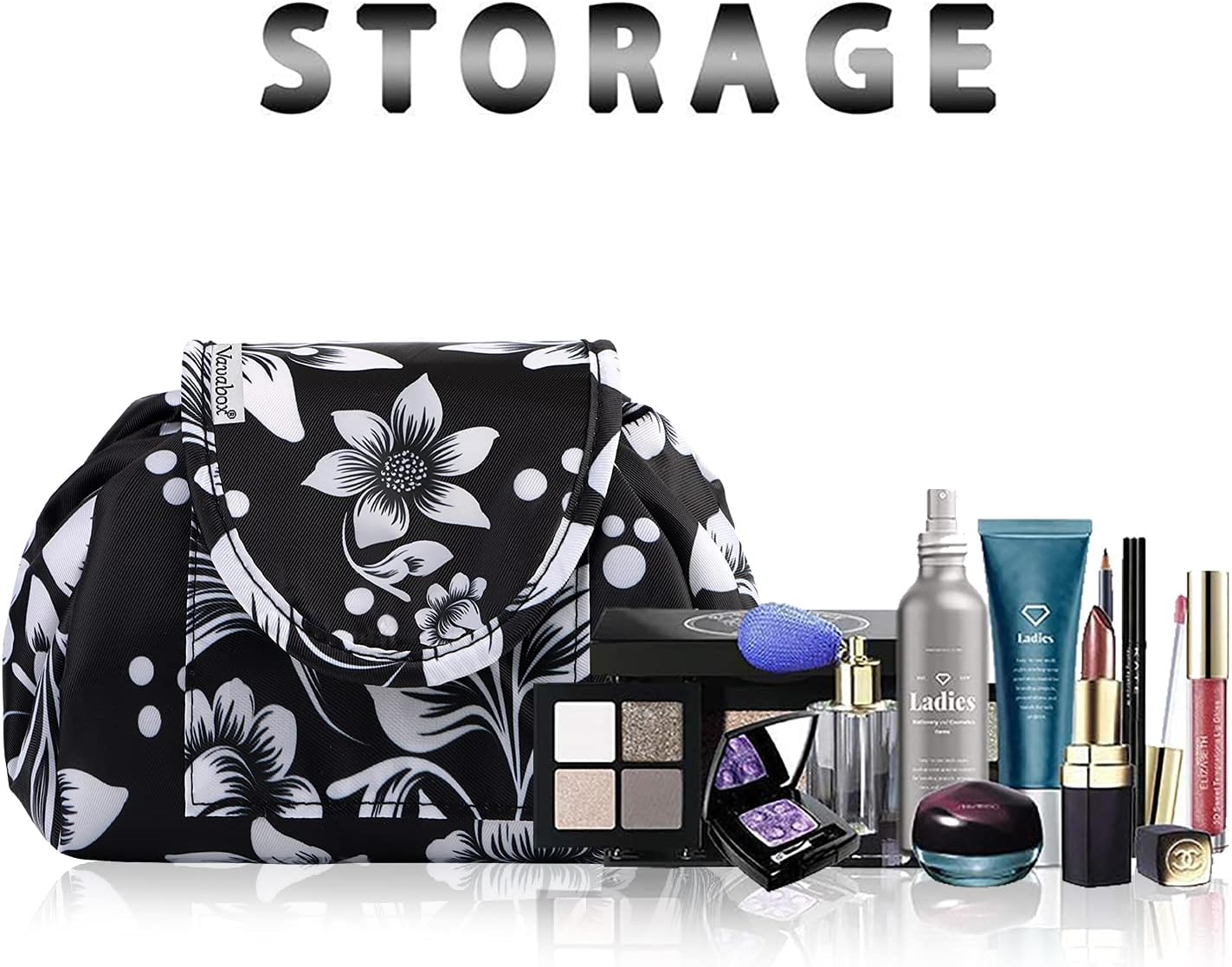 Detalle 2 de Lazy Drawstring Makeup Bags (Large Capacity) — Oxford Canvas Waterproof Travel Cosmetic Pouch, Black Floral