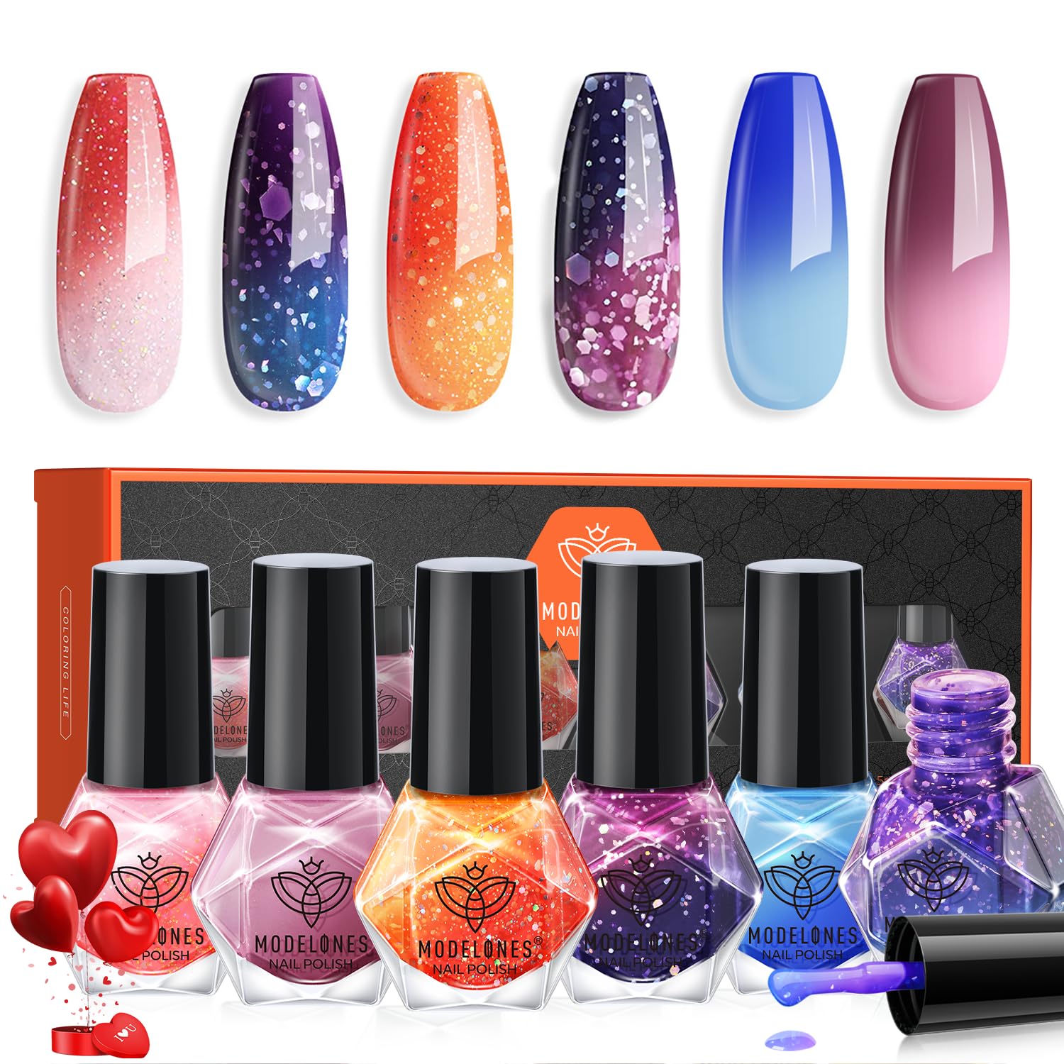 Detalle de modelones Color Changing Nail Polish Set, 6-Color Temperature-Reacting Quick-Dry Nail Kit