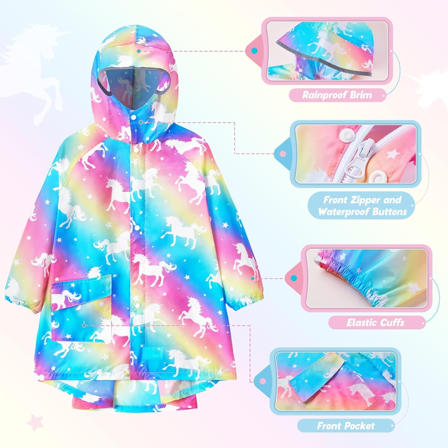 Detalle 2 de WAWSAM Kids Rain Poncho: Lightweight, Waterproof Rainbow Unicorn Poncho for Outdoors