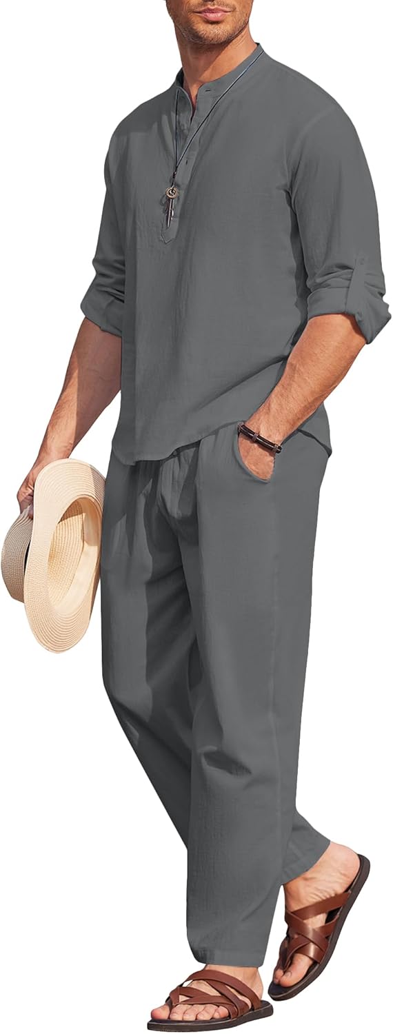 Thumbnail 3 de COOFANDY Men’s 2-Piece Cotton Linen Henley & Beach Pants Set