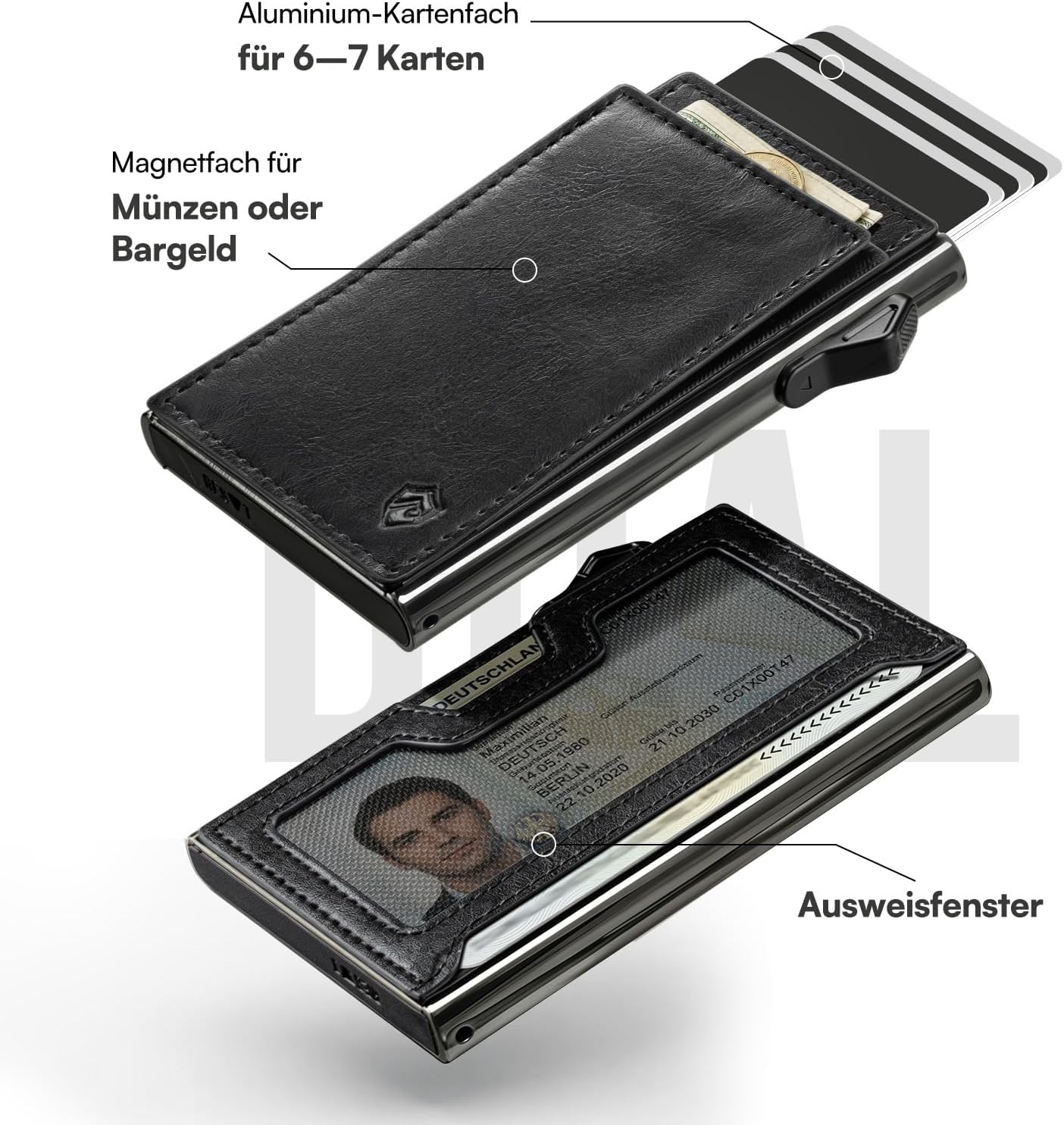 Detalle de YESIIW Minimalistisches Kartenetui mit RFID-Schutz – Pop-up Wallet aus Aluminium & Leder, Slim Wallet für Herren