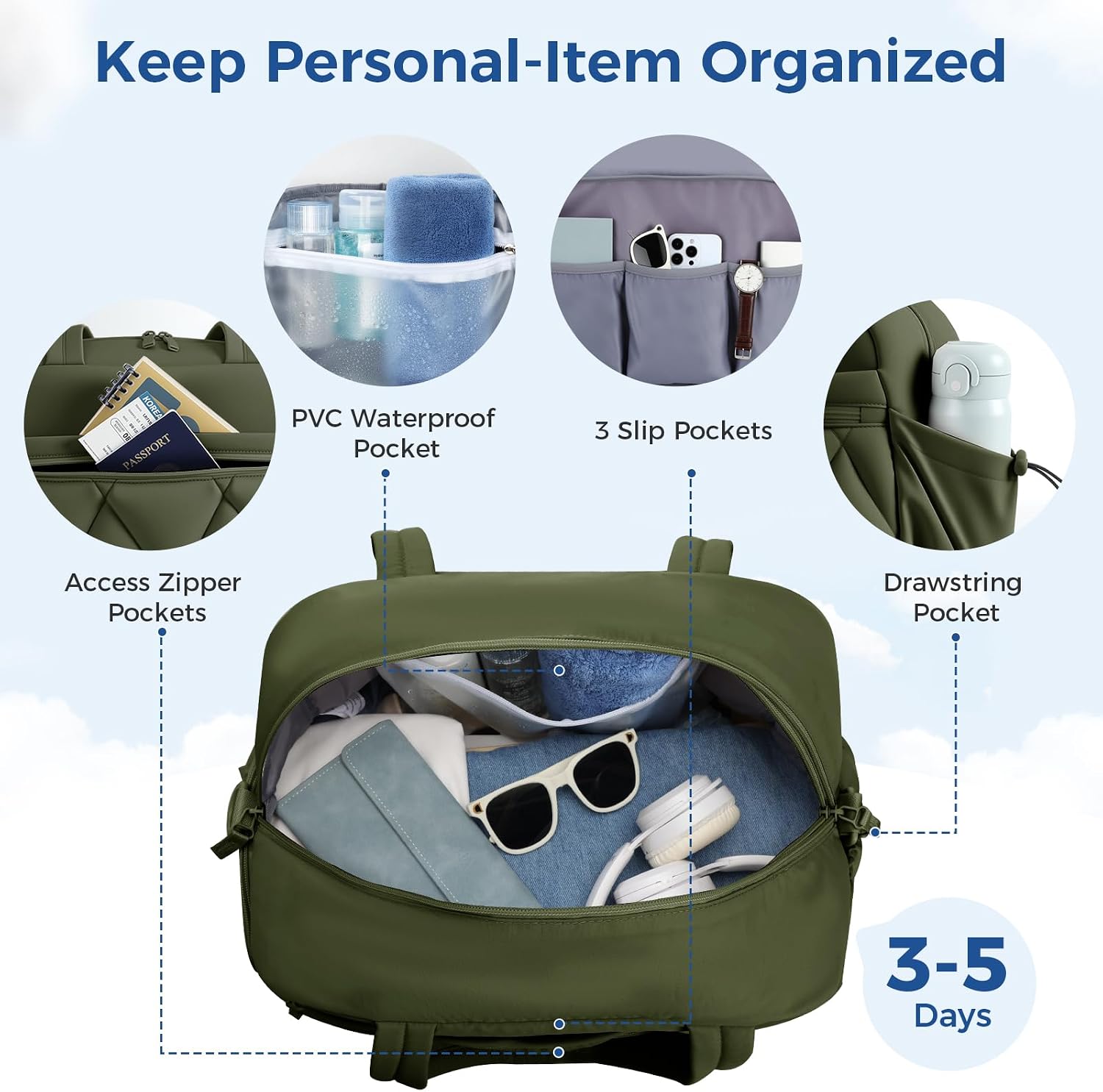 Detalle de Lekespring Weekend Overnight Bag for Women 25L – Waterproof travel holdall with shoe compartment (Dark Green)