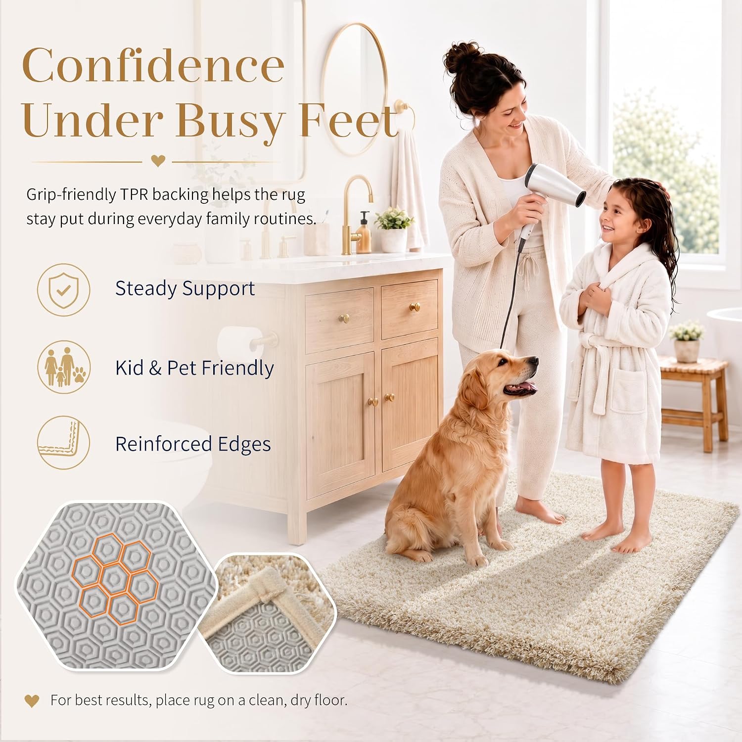 Detalle 2 de Yimobra 36x24 Plush Bathroom Rugs Non-Slip Washable Bath Mat (Light Beige and White)